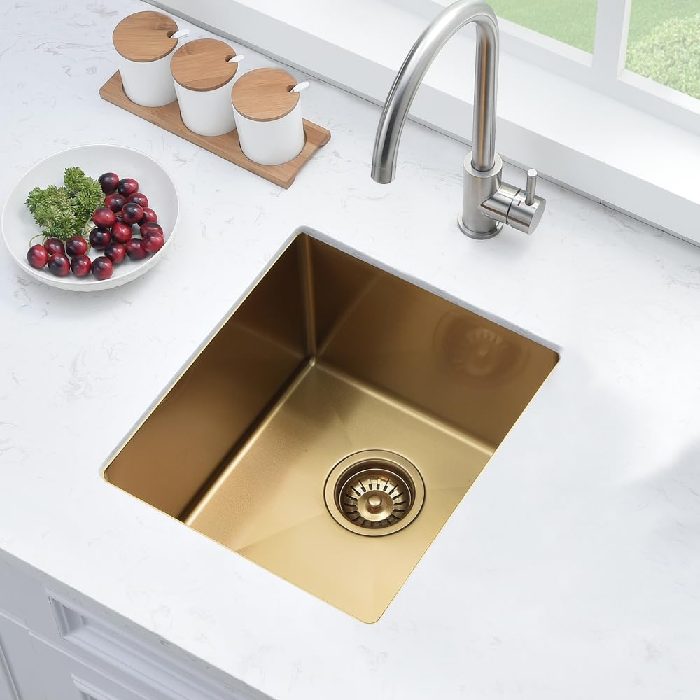 Boomhoze Gold Bar Sink Undermount, 13 X 15 Inch Kitchen Sink Gold Sink 16 Gauge Stainless Steel Undermount Bar Sink Single Bowl