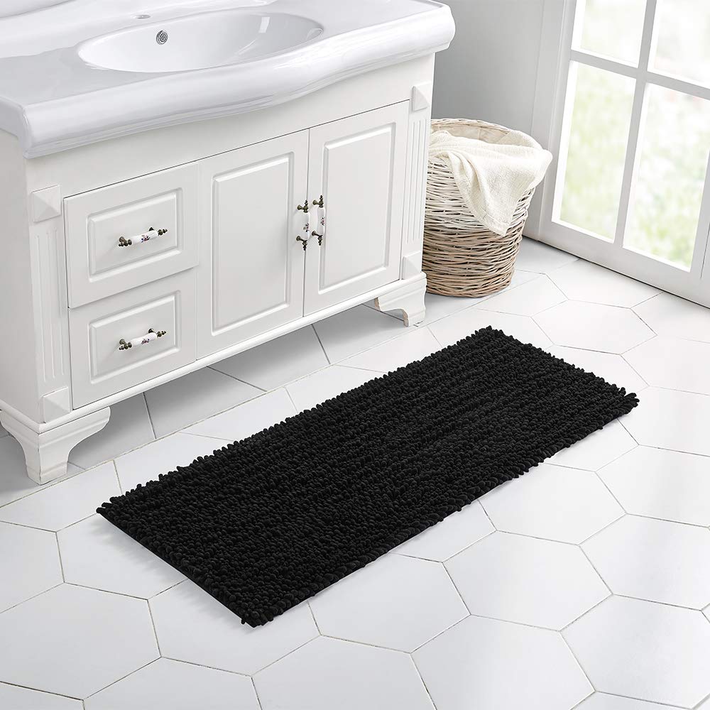Walensee Bathroom Rug Non Slip Bath Mat (44X24 Inch Black) Water Absorbent Super Soft Shaggy Chenille Machine Washable Dry Extra
