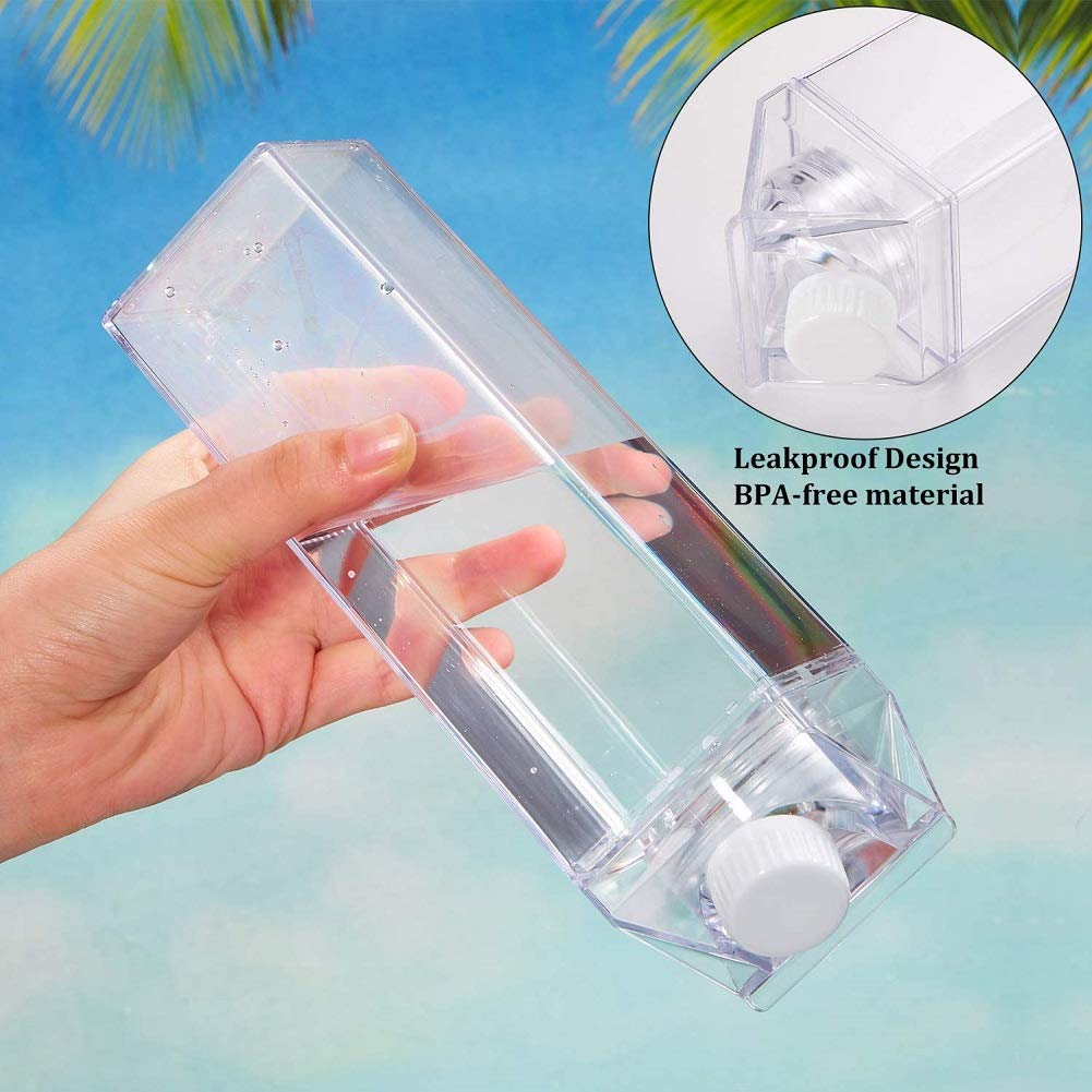 Milk Carton Water Bottle 17Oz (500Ml) Plastic Clear Square Milk Bottles No Bpa Leakproof Water Bottle Portable Reusable Milk Car
