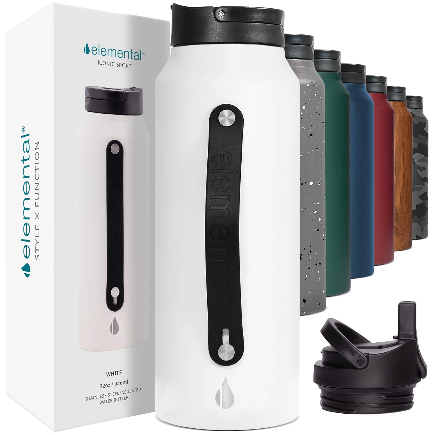 Elemental Iconic Stainless Steel Water Bottle With Straw - 32 Oz Leak Proof Triple Wall Insulated Water Bottles For Travel And S