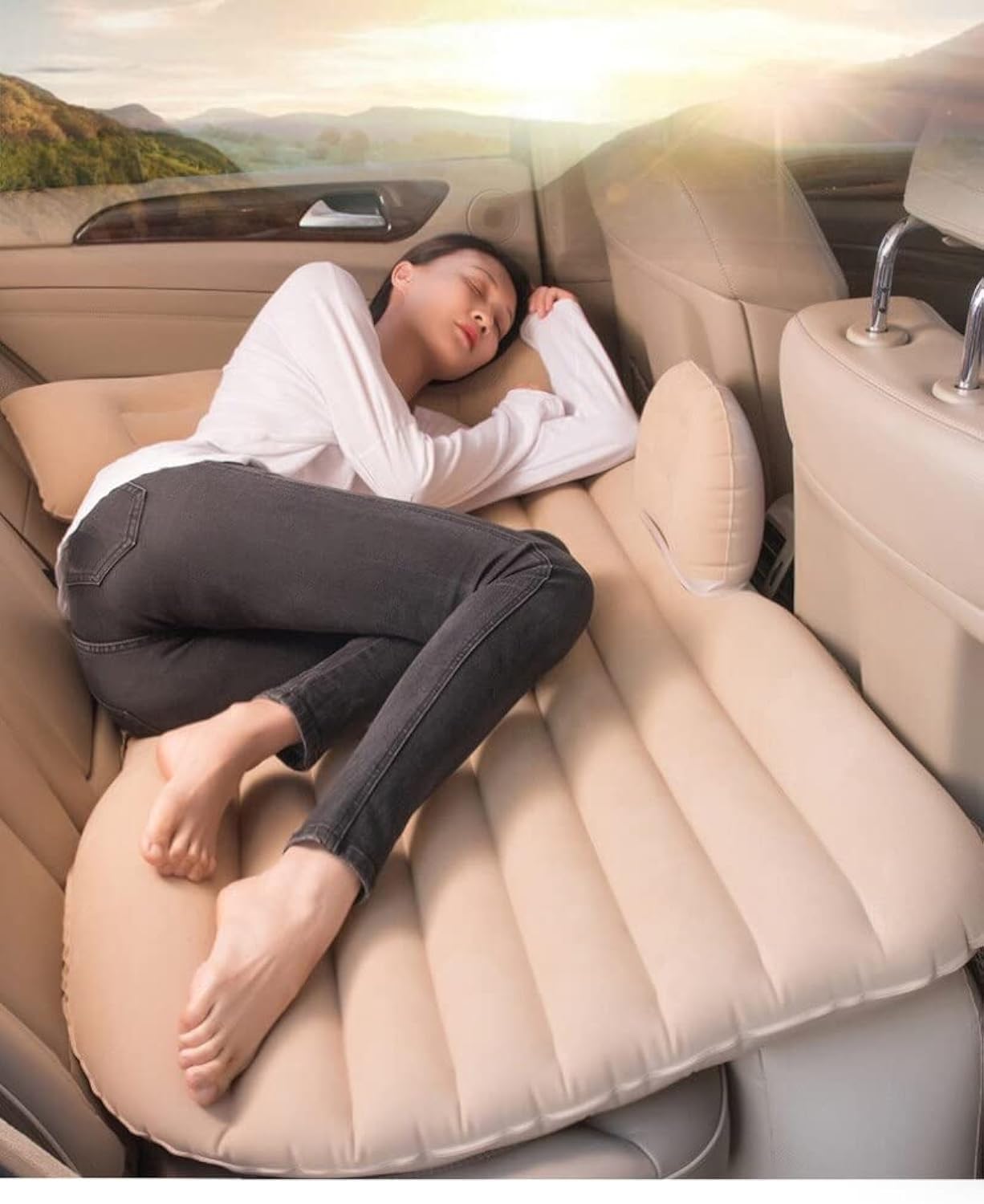 Brogbus Abs Plastic Car Travel Vehicle Inflatable Cushion Mattress With Two Air Pillows, Car Air Pump And Repair Tikki, Beige, F