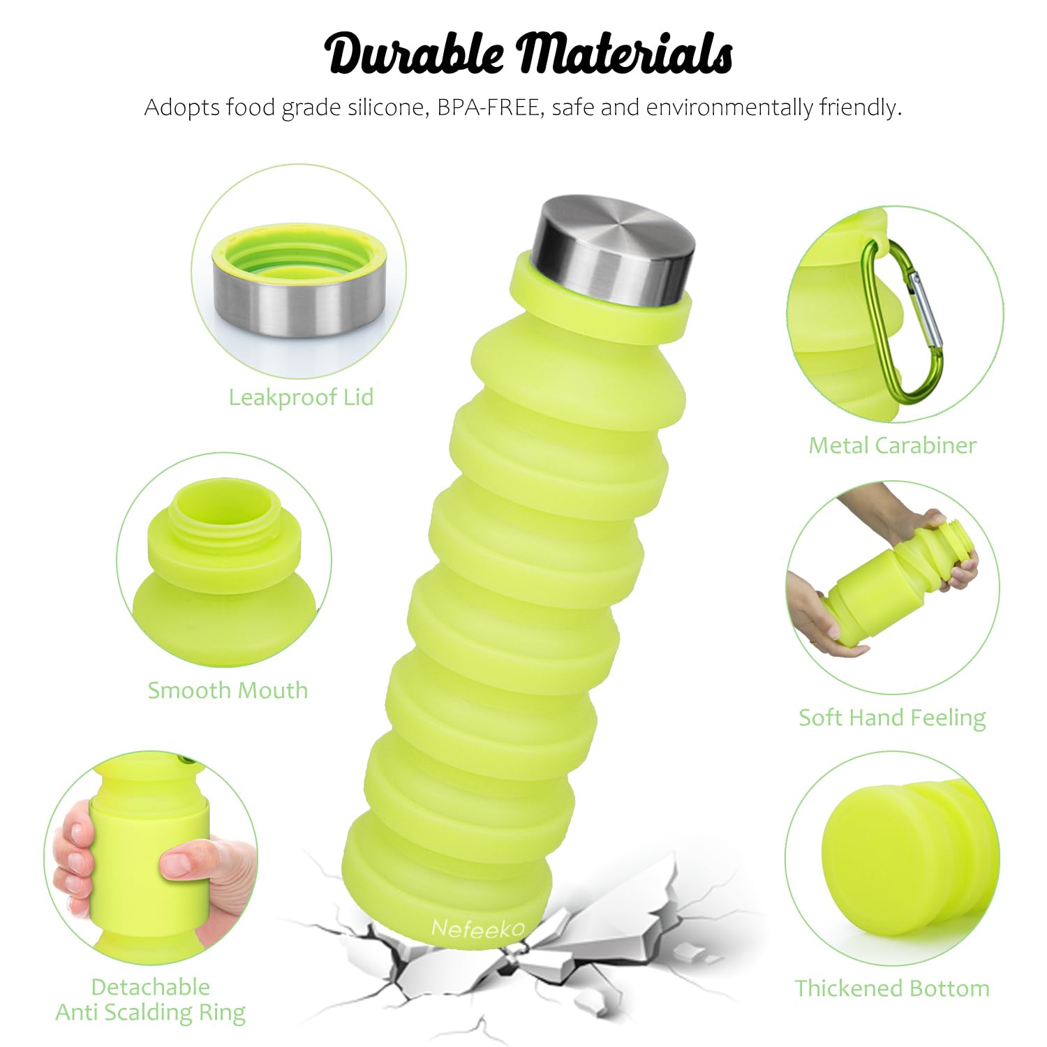 Nefeeko Collapsible Water Bottle, Reuseable Bpa Free Silicone Foldable Water Bottles For Travel Gym Camping Hiking, Portable Lea