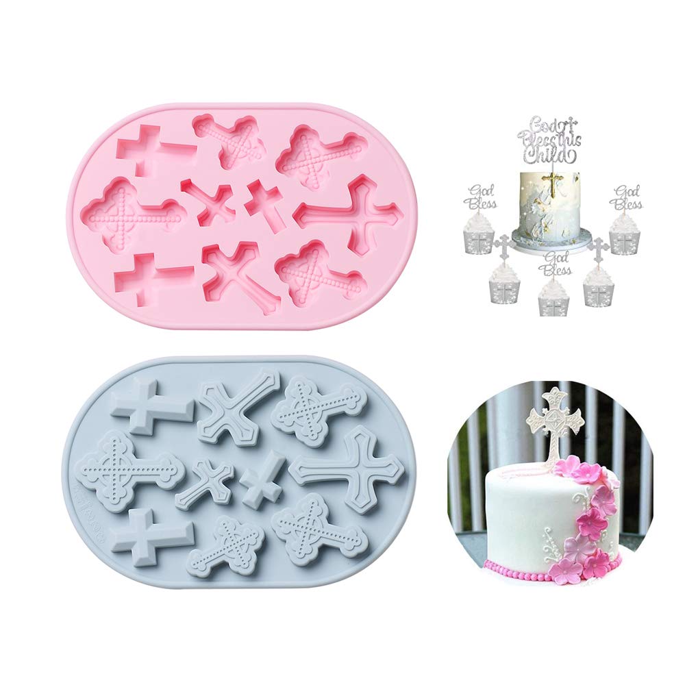 Ourashero 2Pcs Cross Shape Cake Fondant Mold Cake Decorations Cupcake Topper Silicone Clay Candy Chocolate Gum Paste Mold With S
