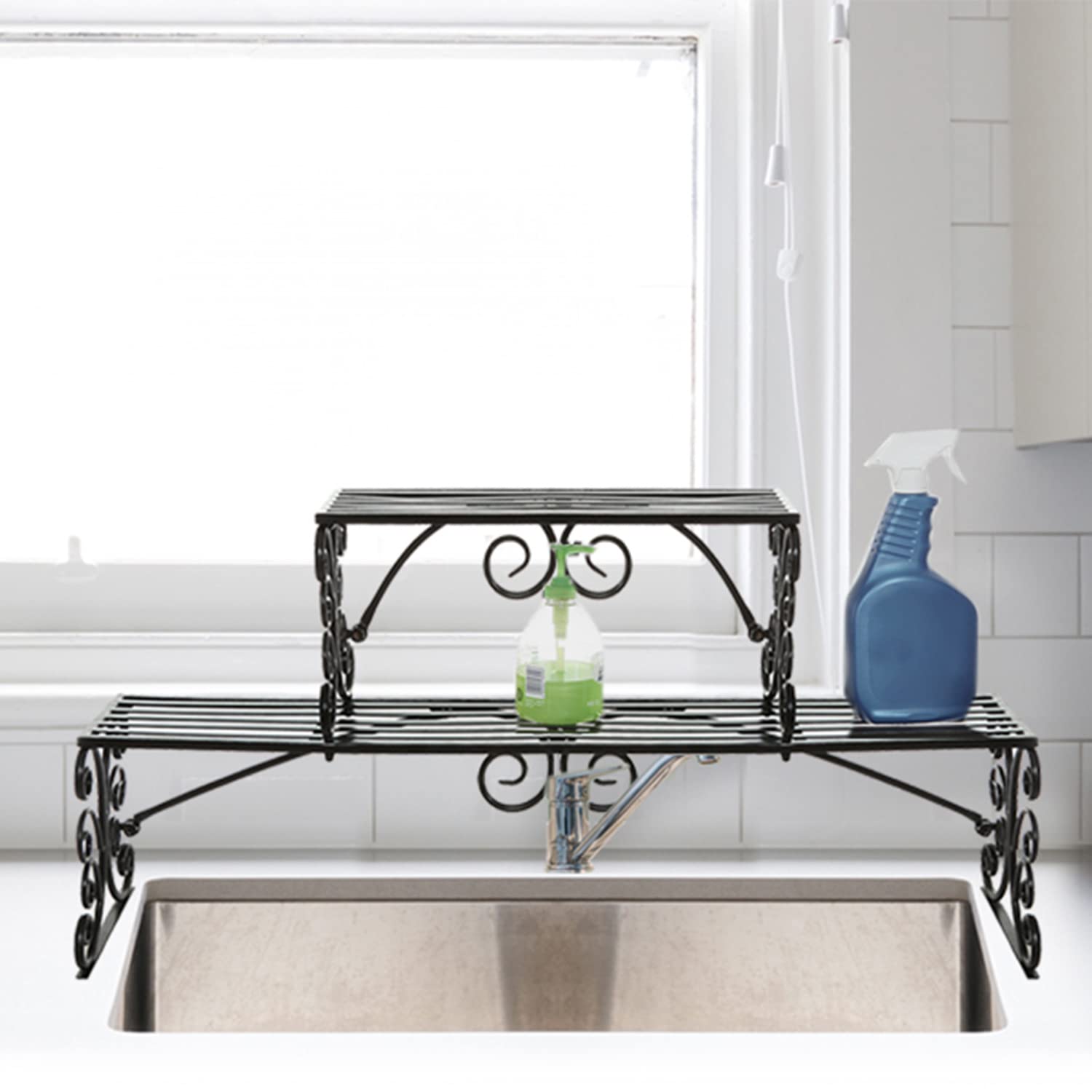 Mygift Black Metal Over The Sink Shelf With Scrollwork Design, 2 Tier Display Stand Organizer For Kitchen Accessories