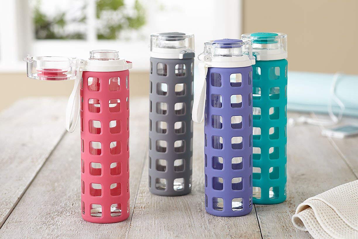 Ello Syndicate Glass Water Bottle with One-Touch Flip Lid  Grey   20-ounce