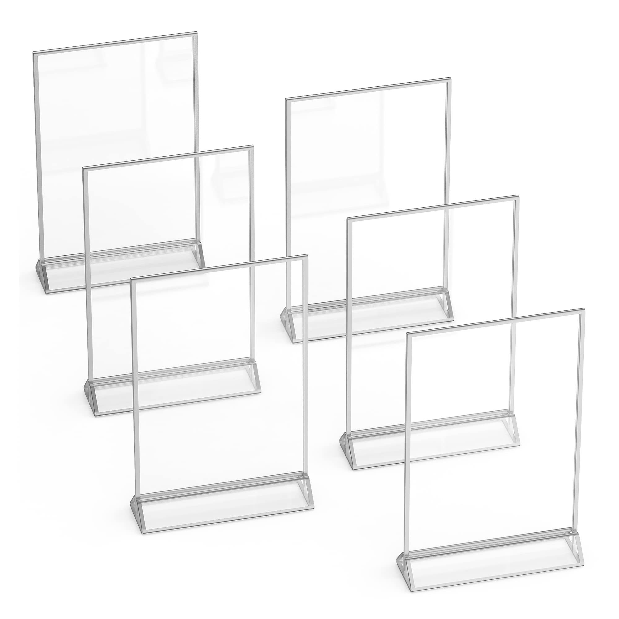 Silver Picture Frames Double Sided - 6 Pack - 5X7 Acrylic Silver Table Number Holders, Clear Easel Table Stands For Signs, Silve
