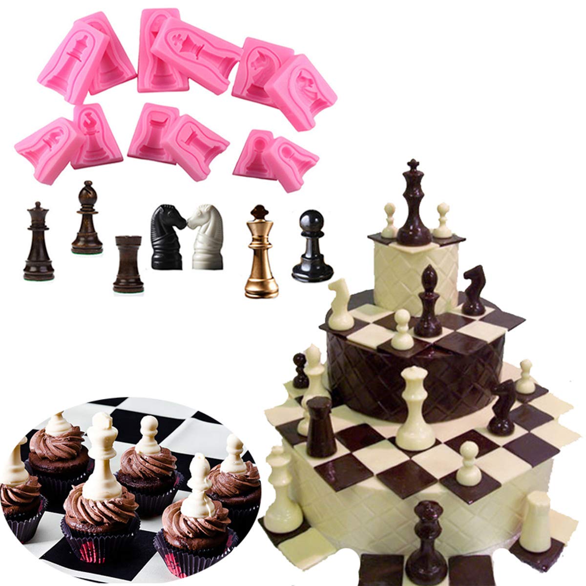 Anyana International Chess Game 6 Sets Fondnat Silicone Mold 3D Double-Sided Printing Gum Paste Mold Chocolate Candy Mould Bakin