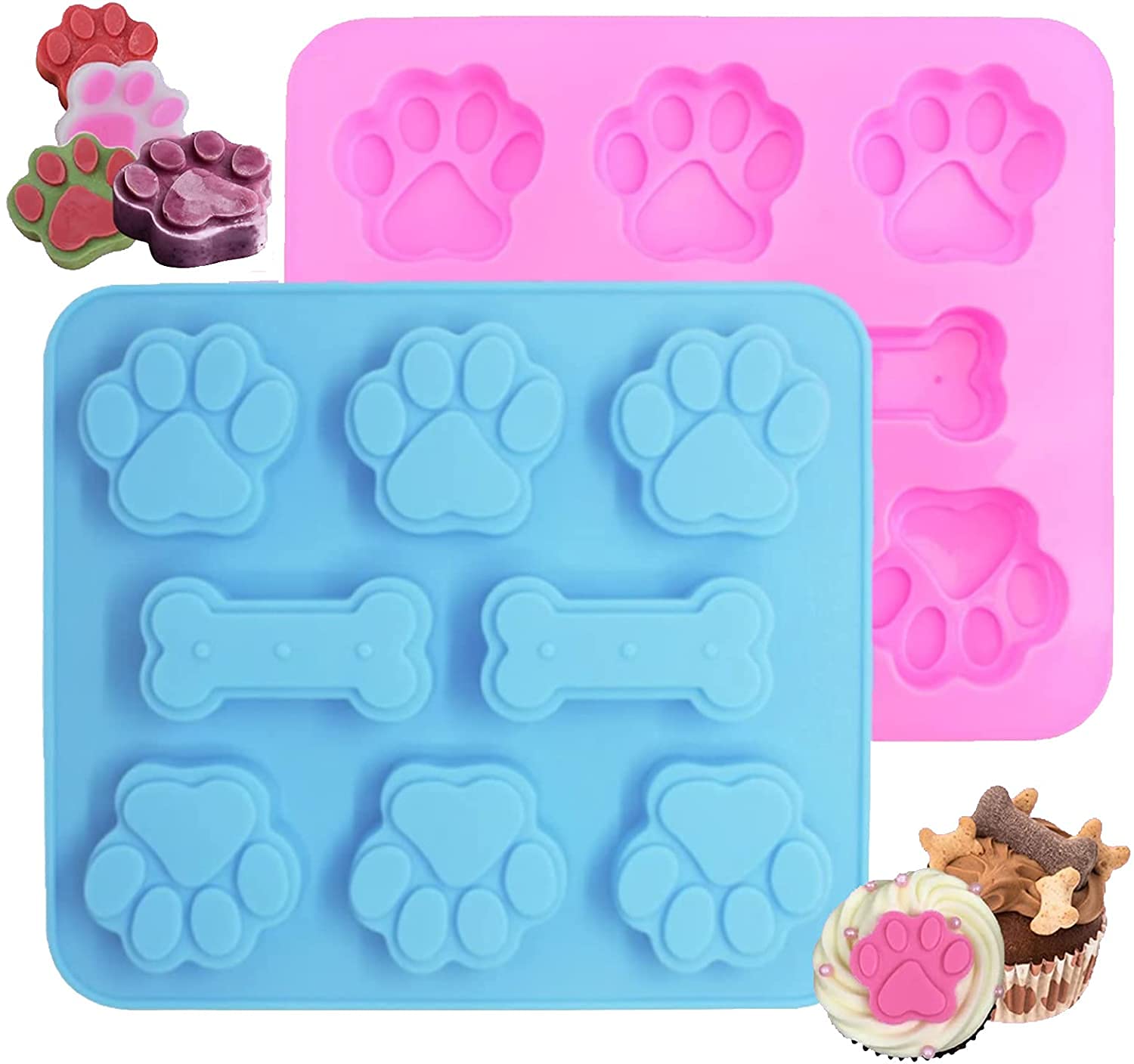 2-Pack Silicone Puppy Treat Molds, Puppy Dog Paw And Bone Cookie Cutters Baking Molds For Chocolate, Candy, Jelly, Biscuits, Cub