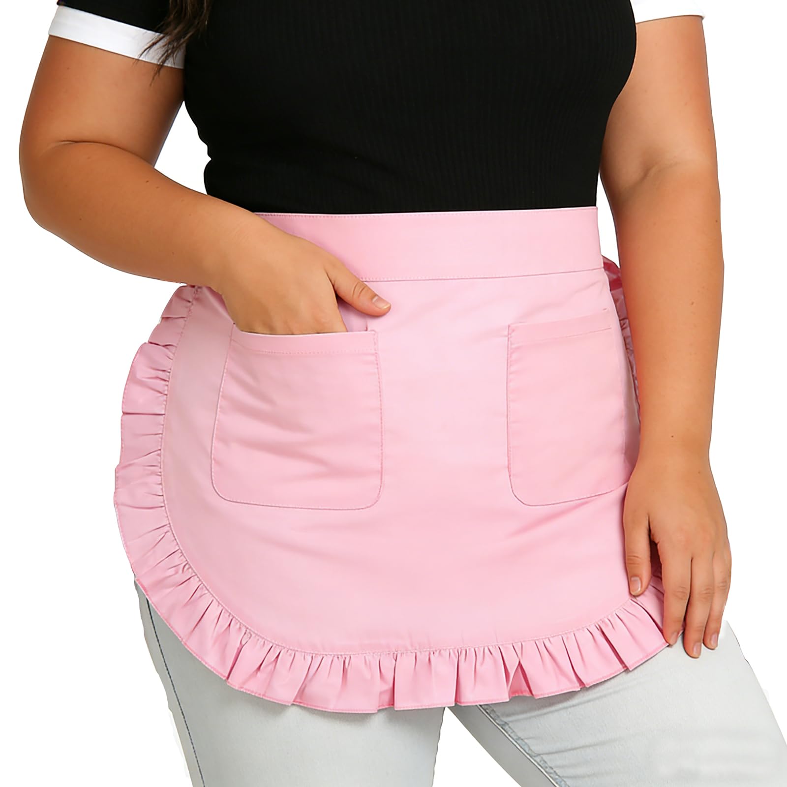Love Potato WomenS Pink Half Apron With Pockets  Cotton Kitchen Cooking And Bistro Waist Apron For Restaurant Staff, Girls, An