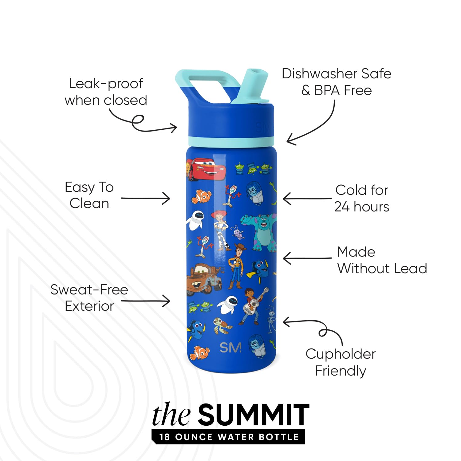Simple Modern Kids Summit Water Bottle with Straw Lid | Disney Pixar 18oz Stainless Steel Cup Insulated Tumbler for Boys, Girls,