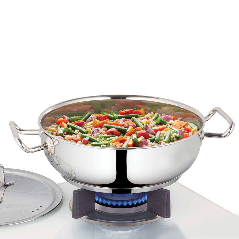 Borosil - Cffk24Ss12 Stainless Steel Flat Kadhai With Lid, Impact Bonded Tri-Ply Bottom, 2.8 L, Silver