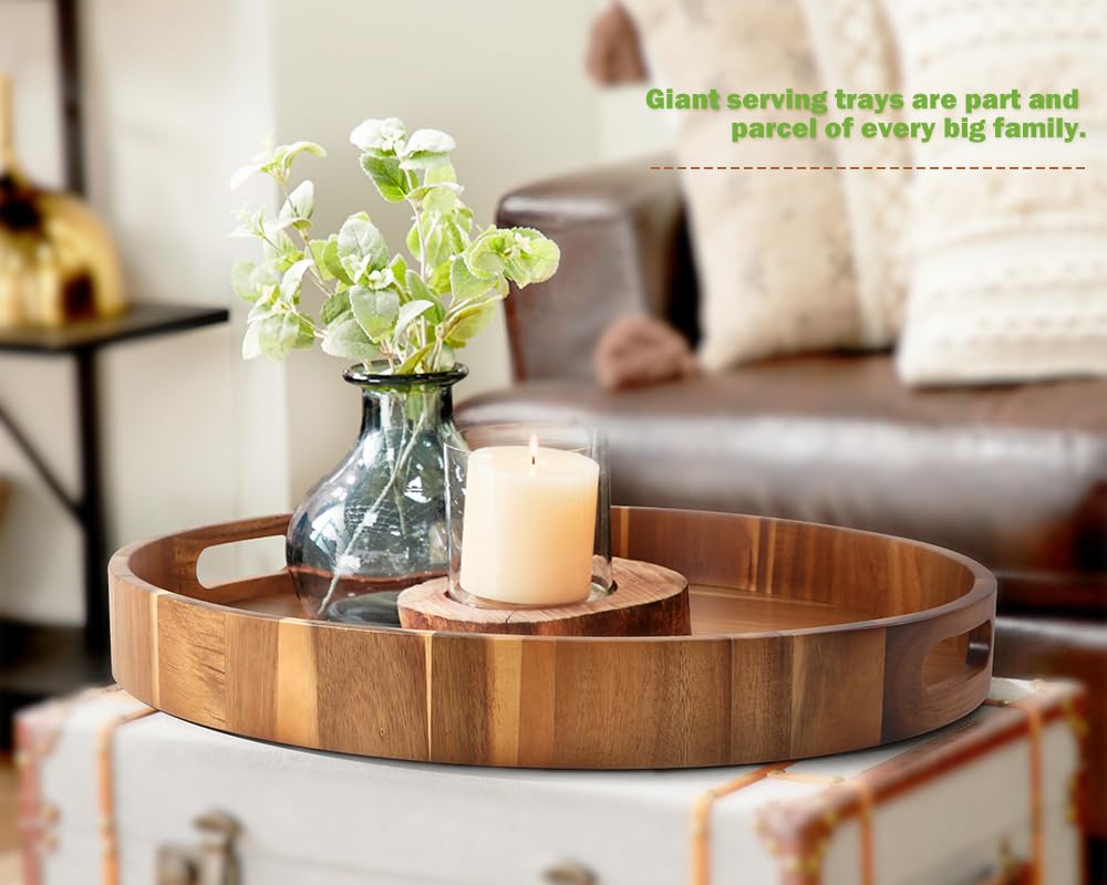 Extra Large Round Serving Tray, 20Inch, Heavy Duty Acacia Wood Trays For Big Ottoman Coffee Table Counter Giant Decorative Organ