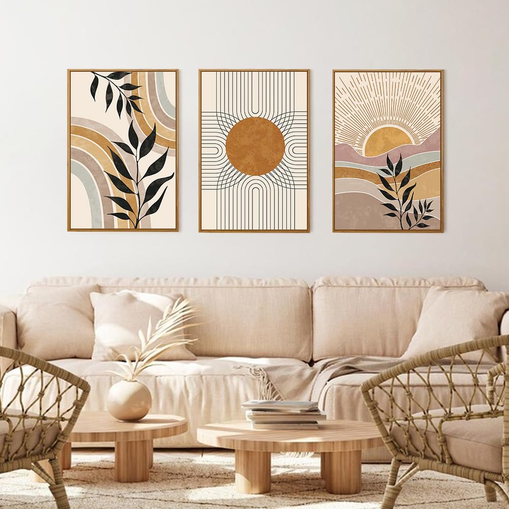 Hpinub Boho Framed Canvas Wall Art Prints, Set Of 3 Mid Century Modern Wall Decor, Nature Plants Desert Sun Art Paintings, Bohem