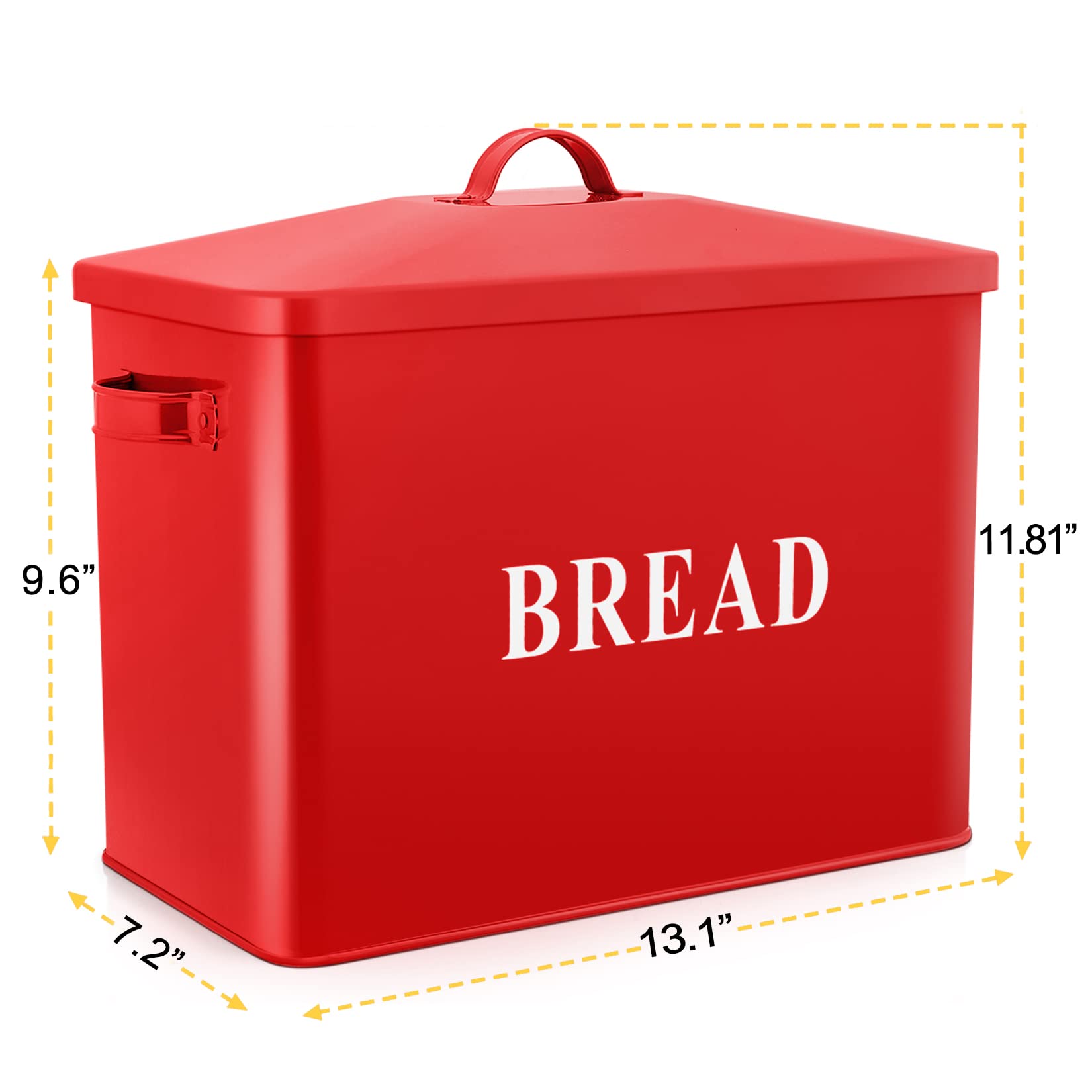 P&P Chef Extra Large Red Bread Box With Lid, Metal Bread Storage Container For Farmhouse Kitchen Countertop, 13.1    X 11.81