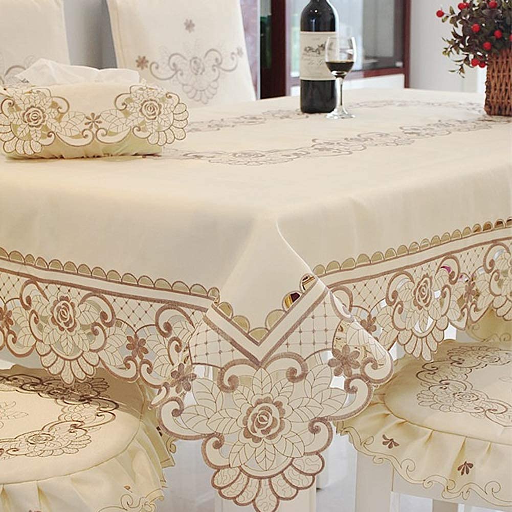 Wellyuk 33 Inch X 57 Inch Oblong Vintage Embroidered Brown Flower Classic Lace Tablecloth, Elegant Dining Room Home Decor Rectan