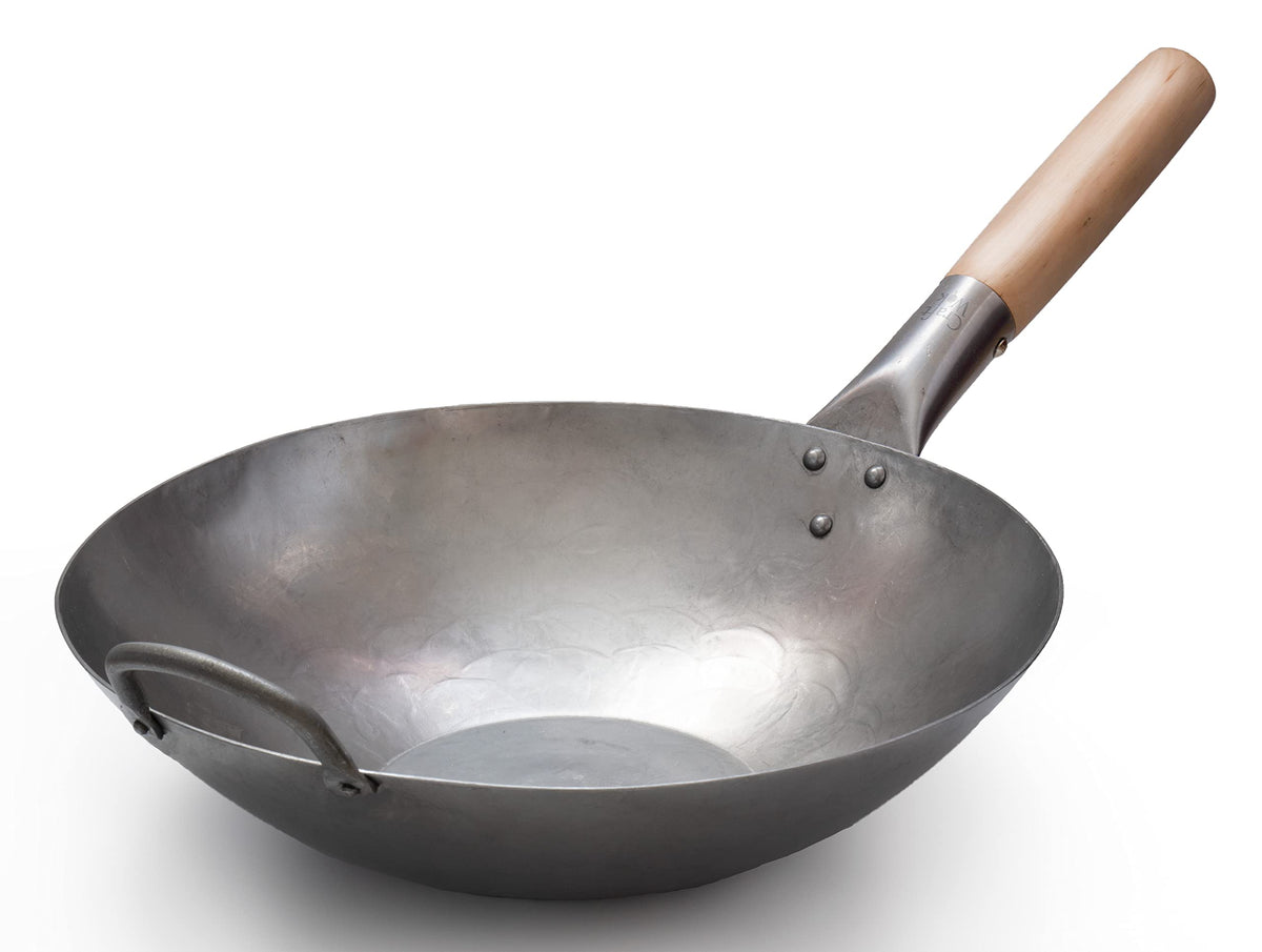 Craft Wok Flat Hand Hammered Carbon Steel Pow Wok With Wooden And Steel Helper Handle (12 Inch, Flat Bottom) / 731W316-12In