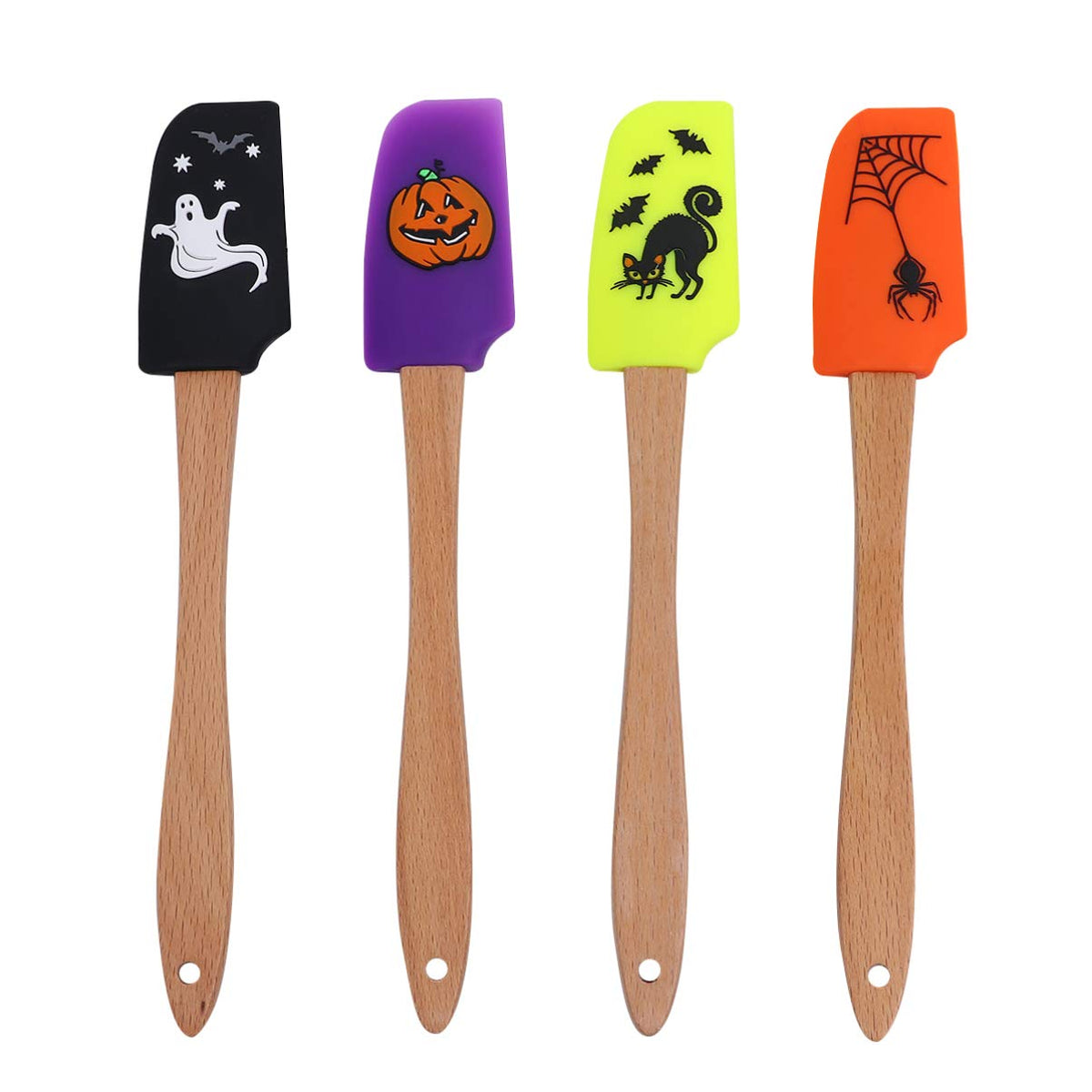 Cabilock 4Pcs Halloween Wooden Handle Silicone Spatula Heat Resistant Silicone Scraper Set Cream Spatula Kitchen Utensil For Coo