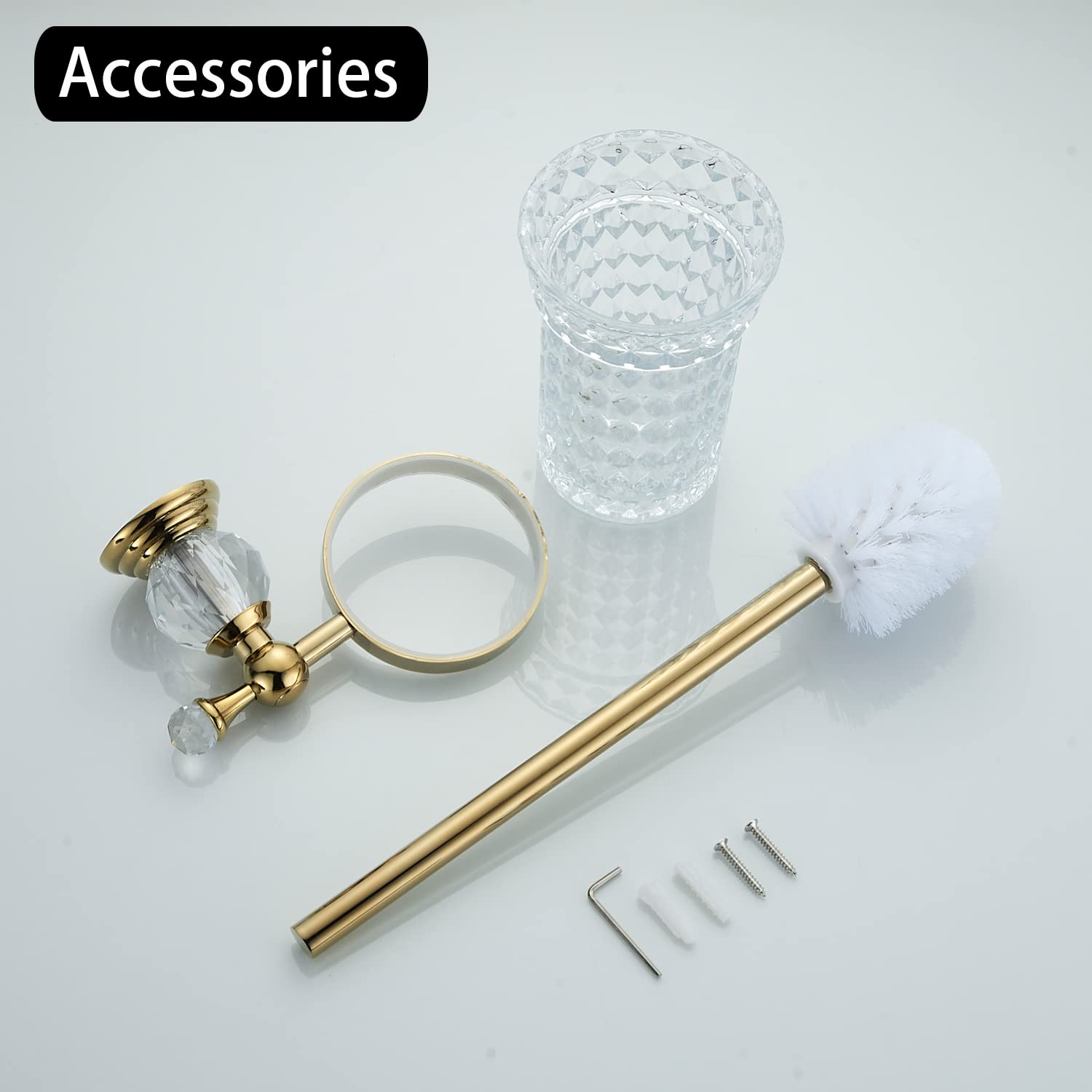 WOLIBEER Crystal Toilet Brush Holder  Polished Gold Brush Handle with Replaceable Brush Head  Stainless Steel Bathroom Cleaning Set Wall Mounted