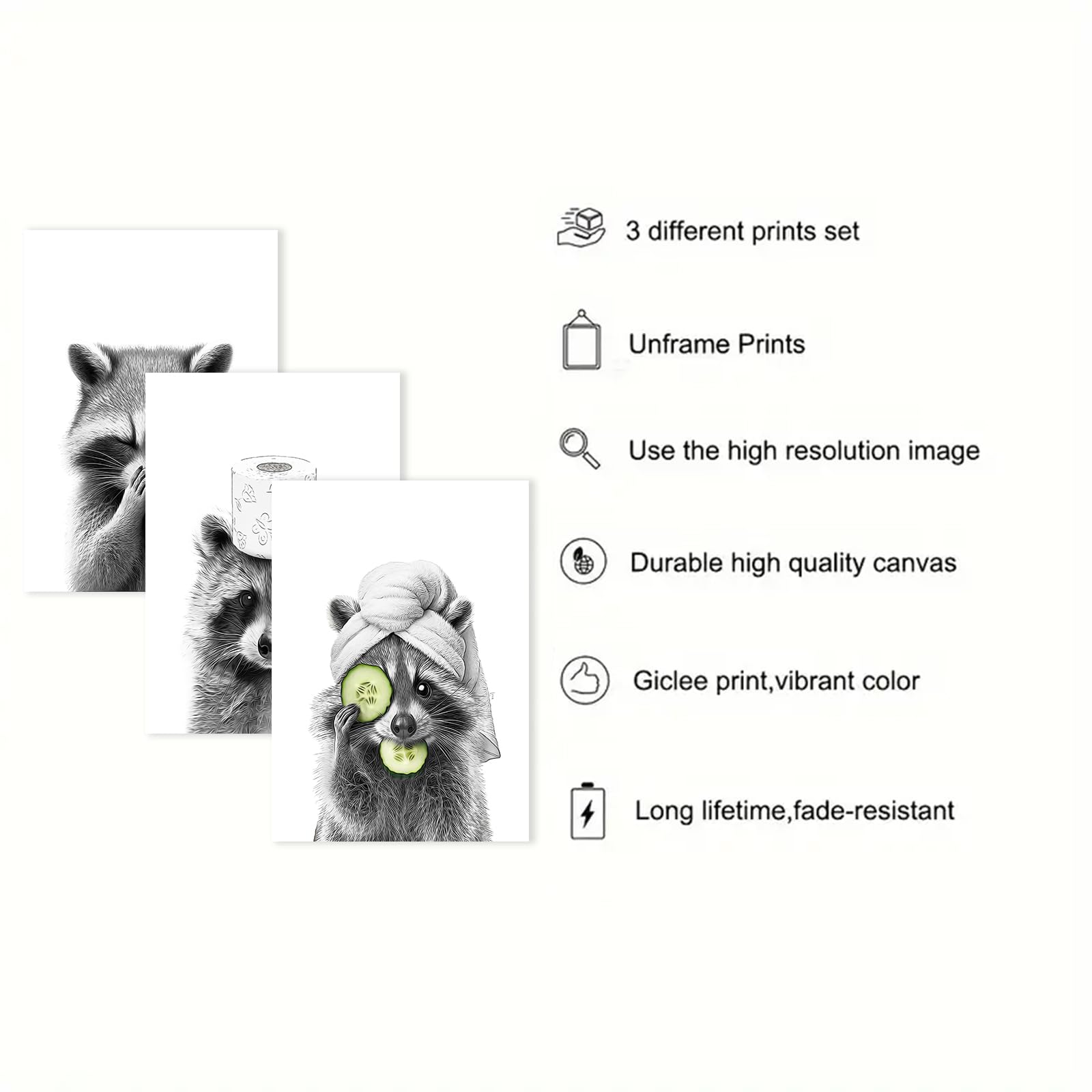 Twnslla Adorable Raccoon Bathroom Wall Art Set Of 3,Funny Bathroom Decor Wall Art,Bathroom Fuuny Raccoon Art Prints,Funny Bathro