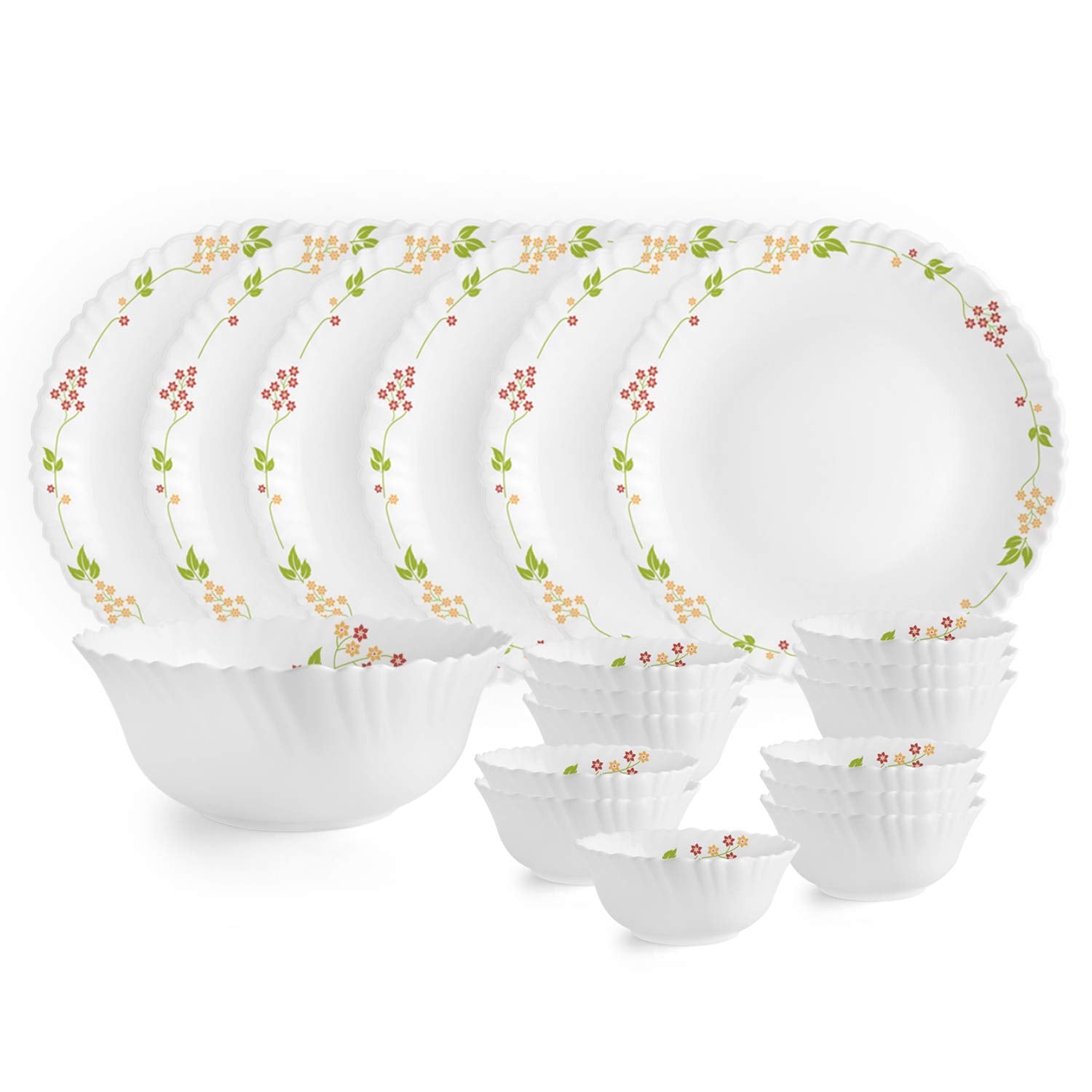 Cello Opalware Dazzle Series Secret Garden Dinner Set, 19 Units | Opal Glass Dinner Set For 6 | Light-Weight, Daily Use Crockery