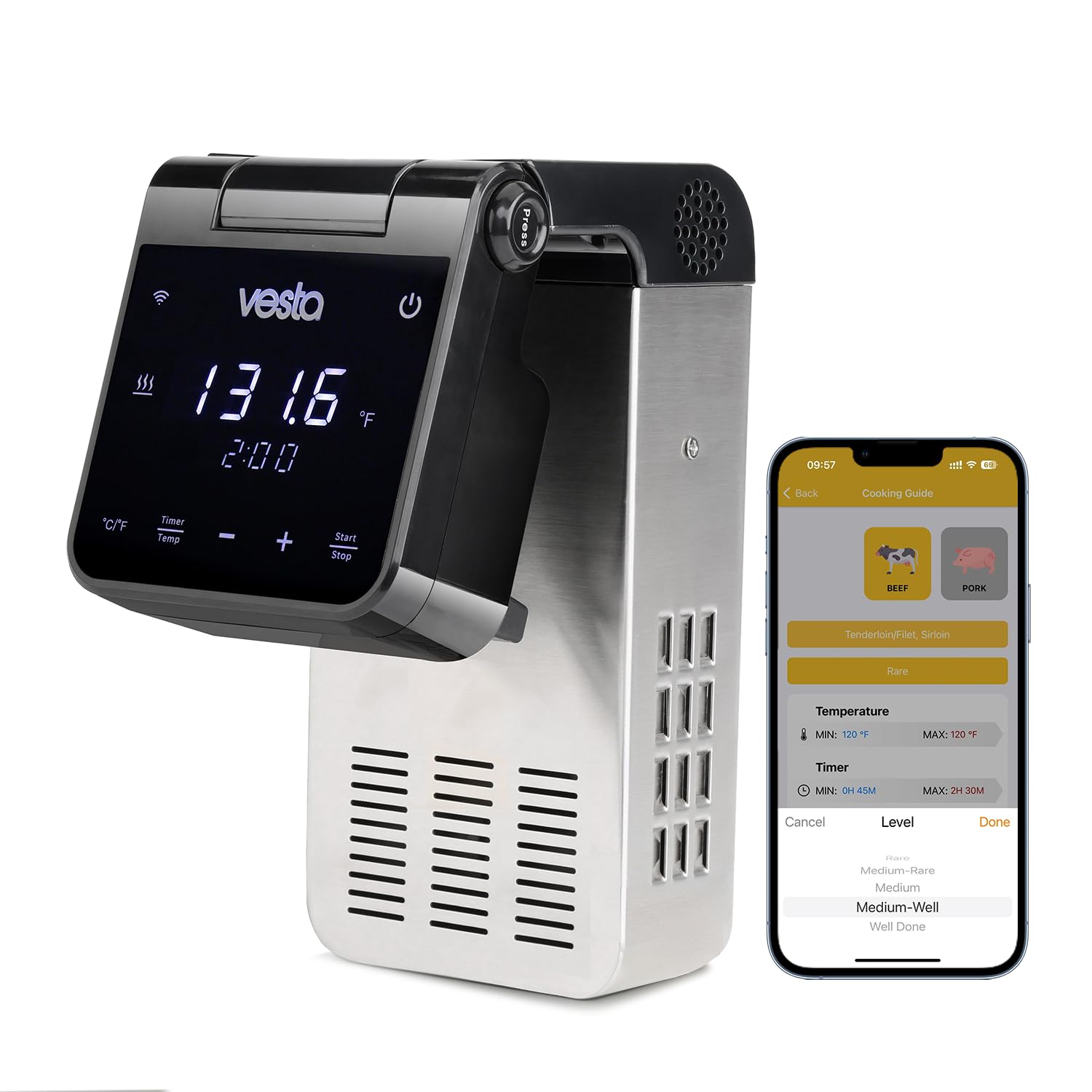 Vesta Precision Sous Vide Cooker, 30L Capacity, WiFi App Control and Large Display Screen,Foldable Design, IPX7 Waterproof, High