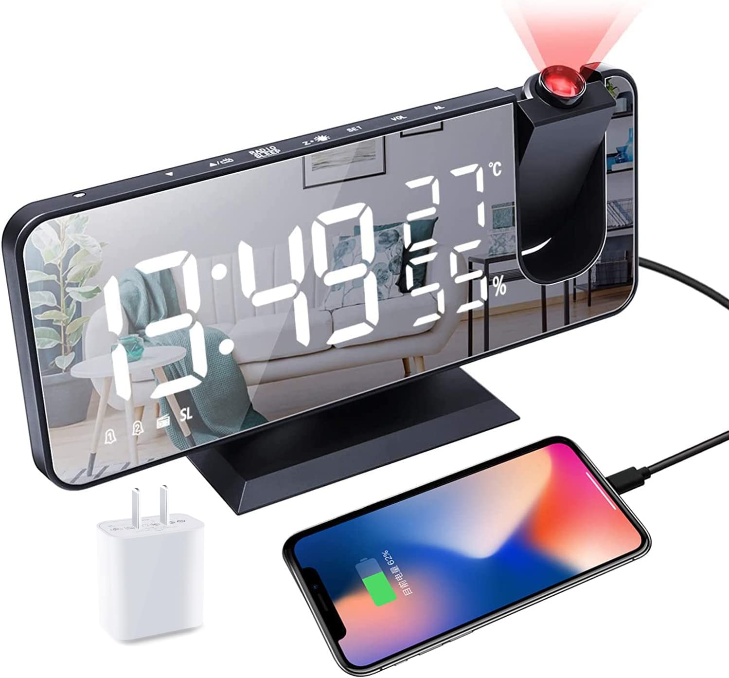 Hanaix Projection Alarm Clock for Bedrooms Ceiling, Alarm Clock Radio with USB Charger Port, Temperature & Humidity Display, 7.3