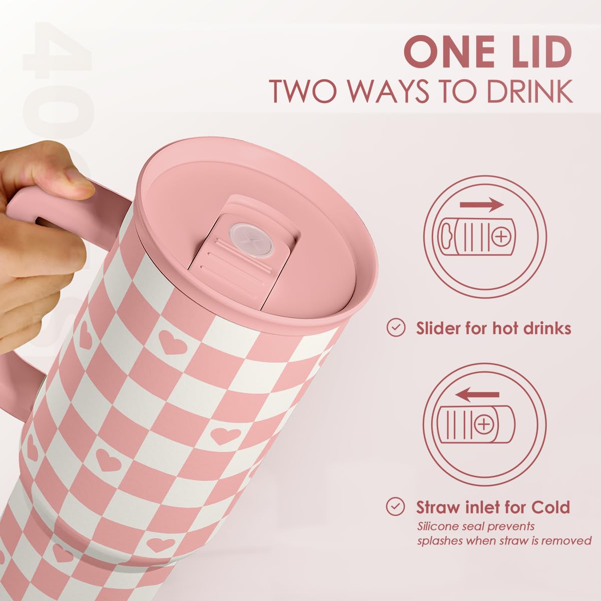 40oz Checkered and Heart Tumbler with Handle and Straw - Insulated Stainless Steel Travel Coffee Mug for Women Girls, Gift for B