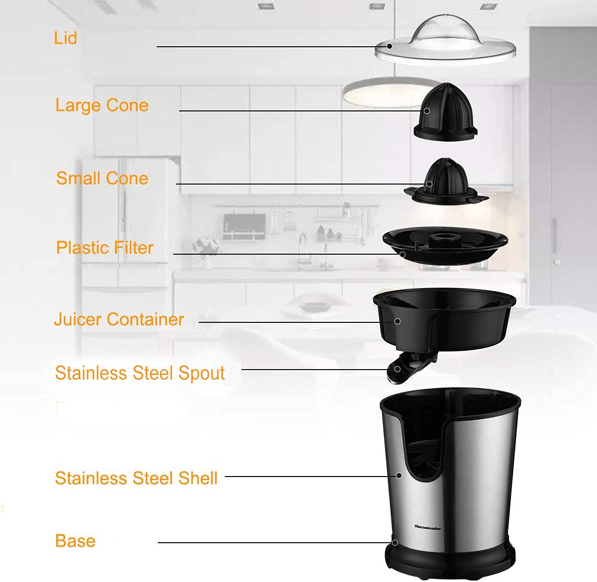 Homeleader Electric Citrus Juicer, Lemon Squeezer With Stainless Steel, Orange Squeezer With Two Cones, Powerful Motor For Grape