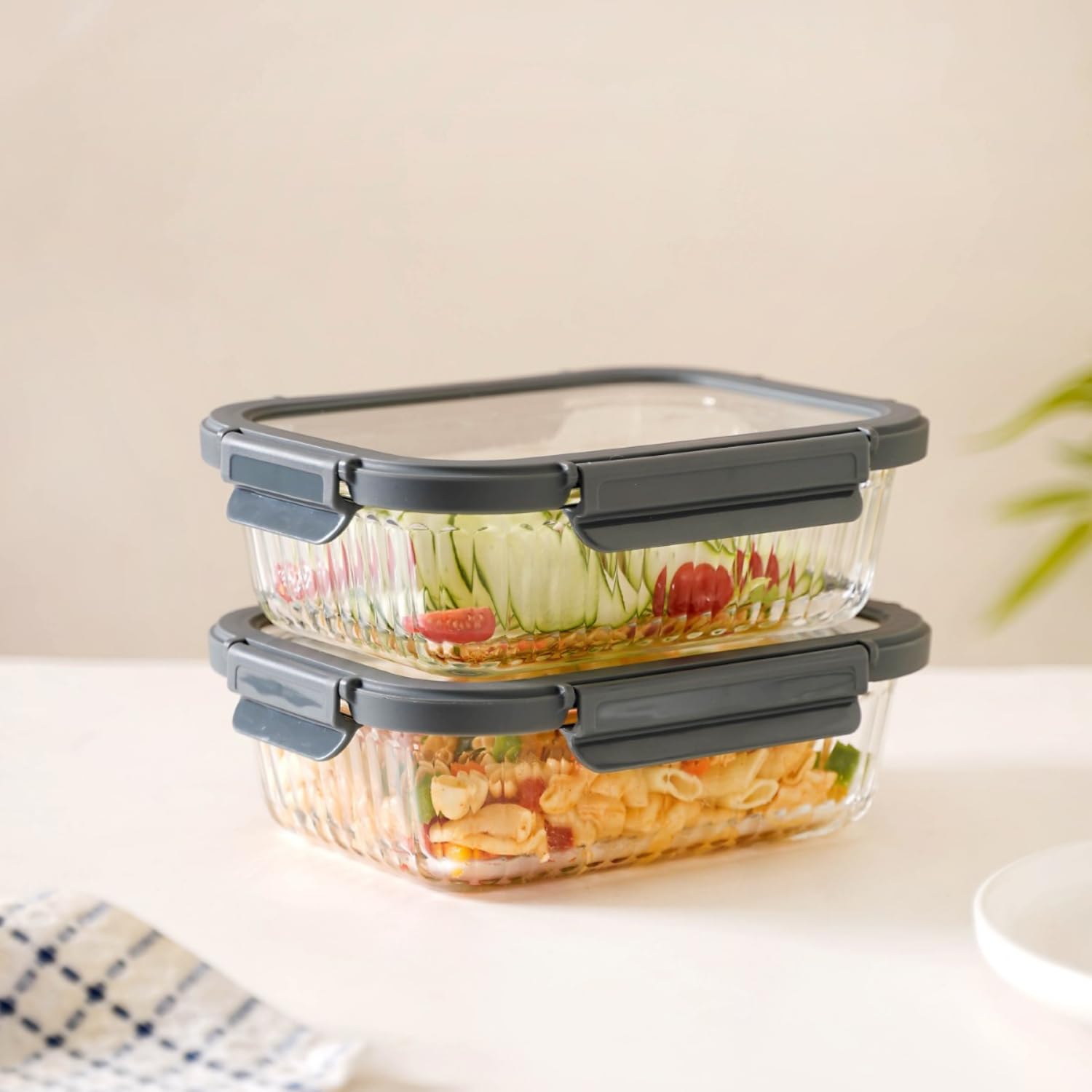 Nestasia Glass Lunch Box For Women And Men (Set Of 2-1040Ml Each) - Borosilicate Rectangular Clear Lunch Box For Office Use, Mic