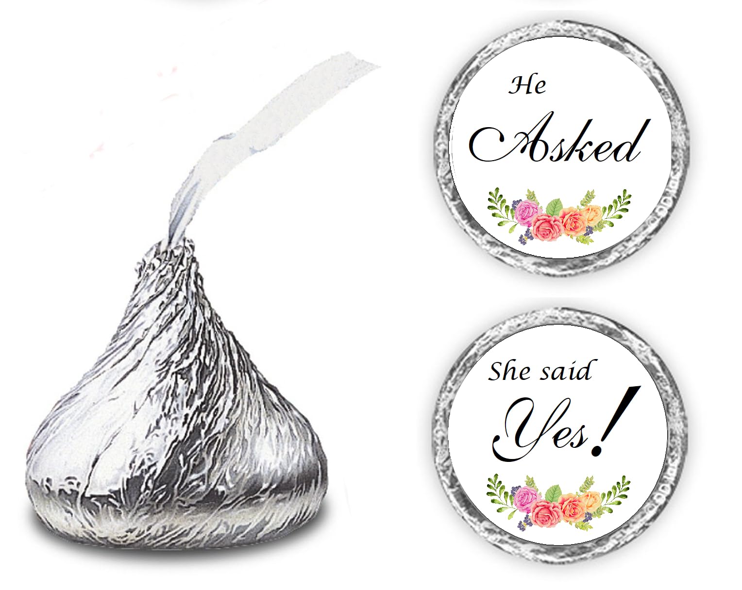 324 Floral Roses He Asked She Said Yes!  Kisses Wedding Stickers  Chocolate Drops Labels Stickers for Weddings  Bridal Shower Engagement Party Decorations  Favors for Kisses