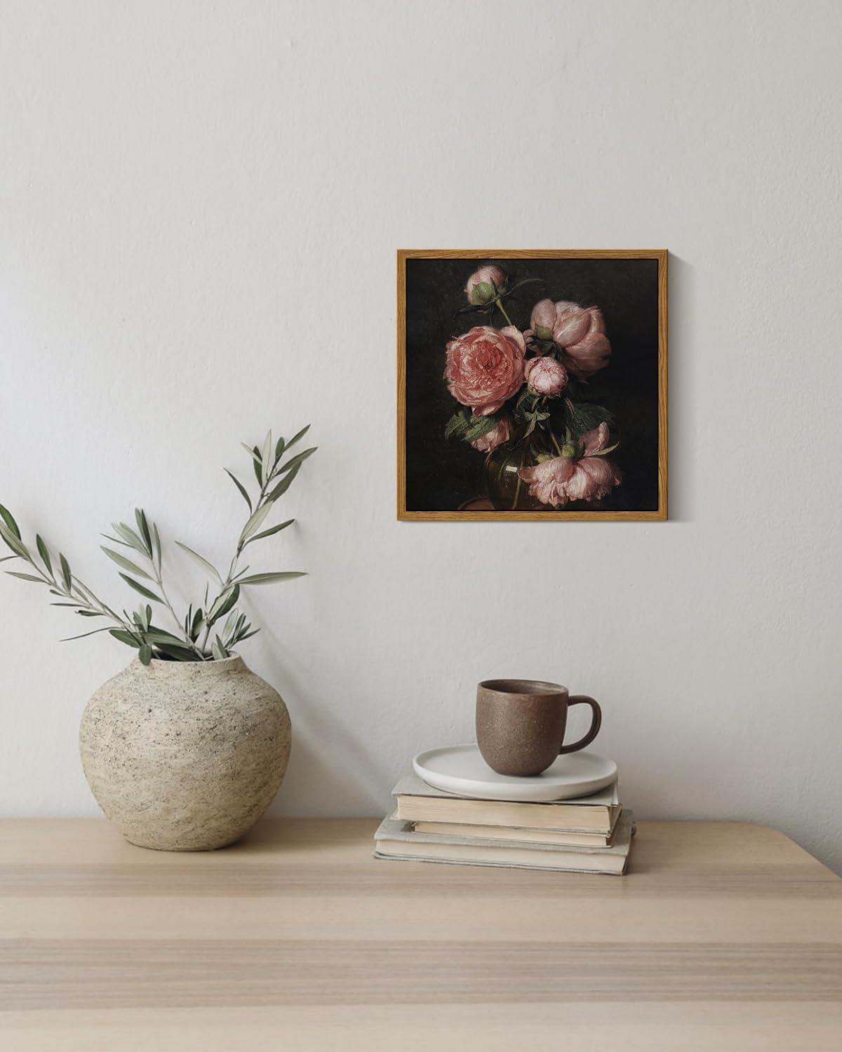 Insimsea Square Framed Canvas Wall Art, Vintage Peony Flower Paintings, Floral Wall Pictures For Bedroom Bathroom Living Room, C