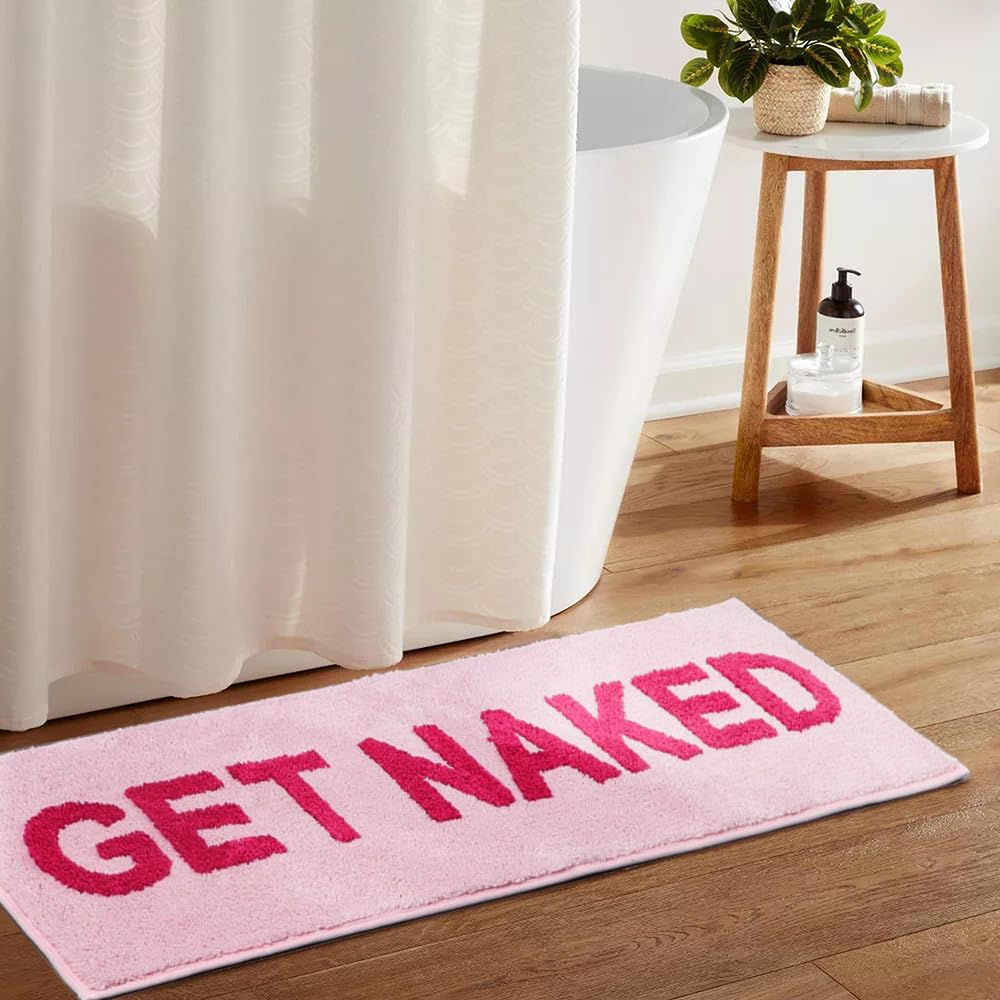 Boveu Get Naked Bath Mat Runner, 17 X 47 Inch Long Non Slip Absorbent Pink Bathroom Runner, Machine Washable Bath Rugs, Soft Nak