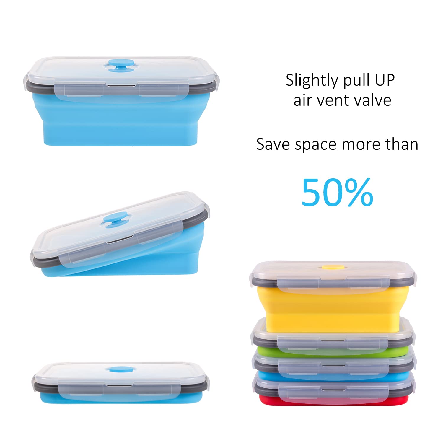 Collapsible Food Storage Containers With Airtight Lid, 27 Oz, Kitchen Stacking Silicone Collapsible Meal Prep Container Set For