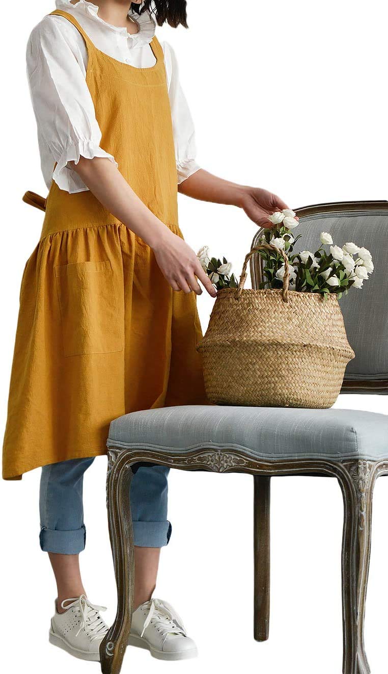 Faduofa Fashion Cotton Kitchen Apron Korean Style And Linen Cooking Waist For Cooking Baking Painting Gardening Cleaning (Yellow
