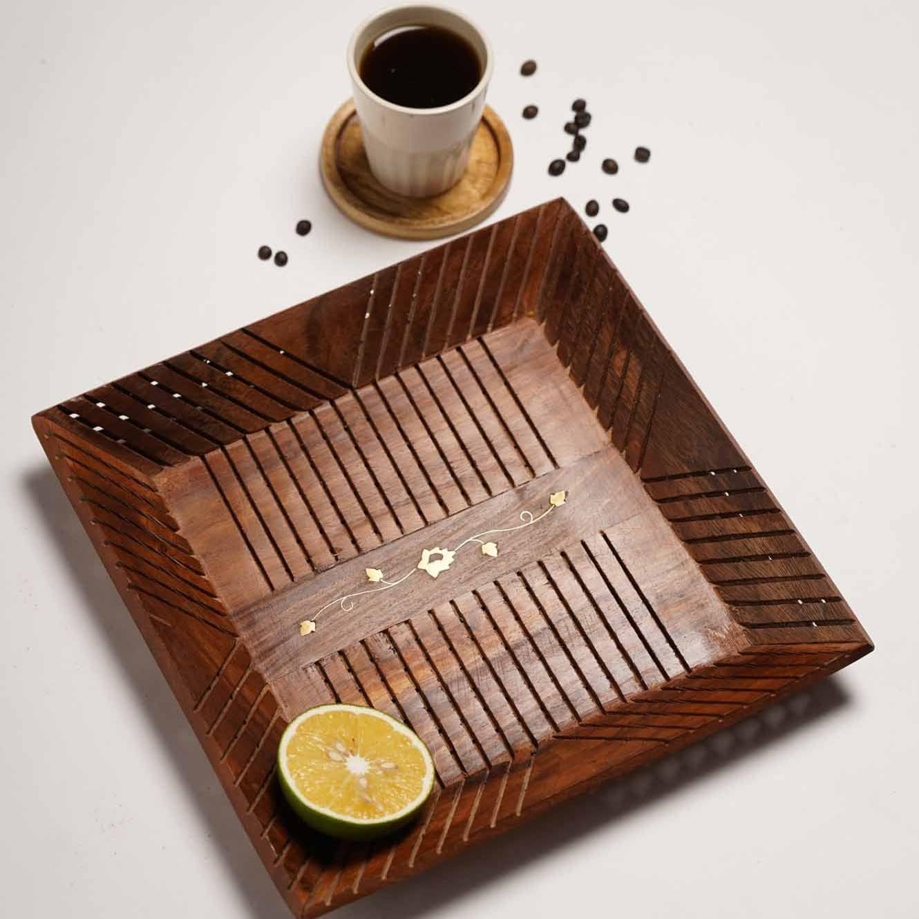 Woodilla Natural Wood Square Serving Tray With Decorative Pattern  Artisan Handmade Platter For Tea, Coffee, Snacks & Dining Ta