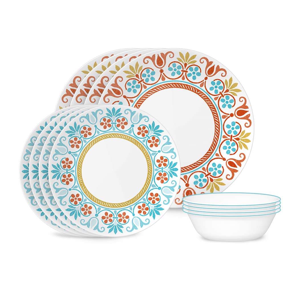 Corelle Global Collection Vitrelle 12-Piece Dinnerware Set, Triple Layer Recycled Glass, Lightweight Eco-Friendly Round Plates a
