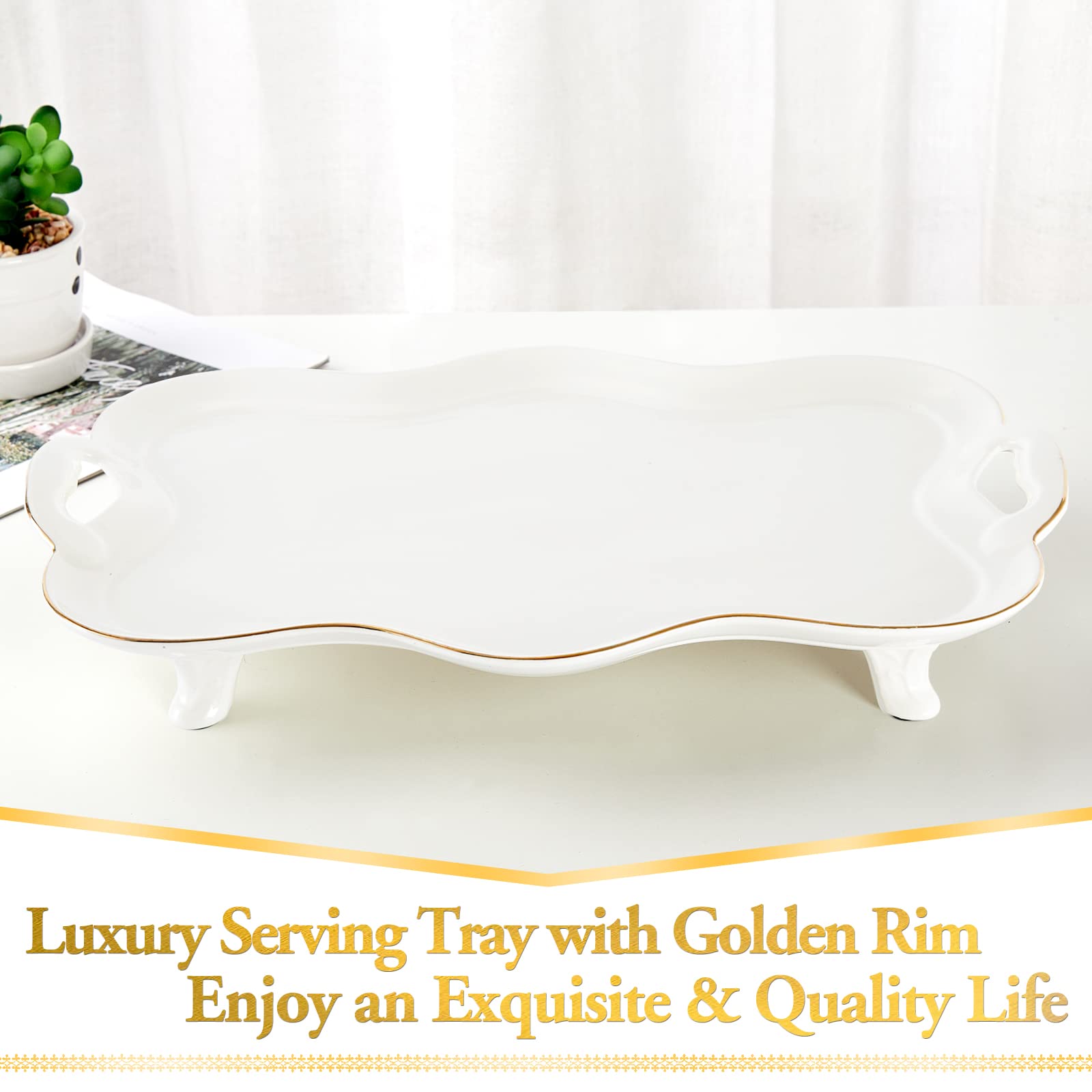 Dujust Porcelain Serving Tray With Handles, Luxury British Style Coffee Table Tray With Golden Rim, Beautiful Tea Tray Decor For