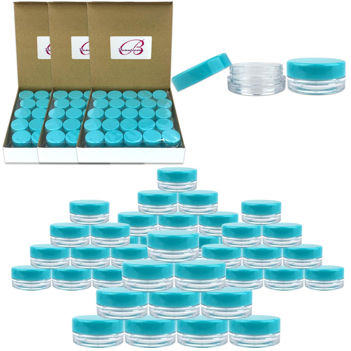 (200 Pieces Jars + Lid) Beauticom 3G/3Ml Round Clear Jars With Teal Sky Blue Screw Cap Lids For Scrubs, Oils, Toner, Salves, Cre