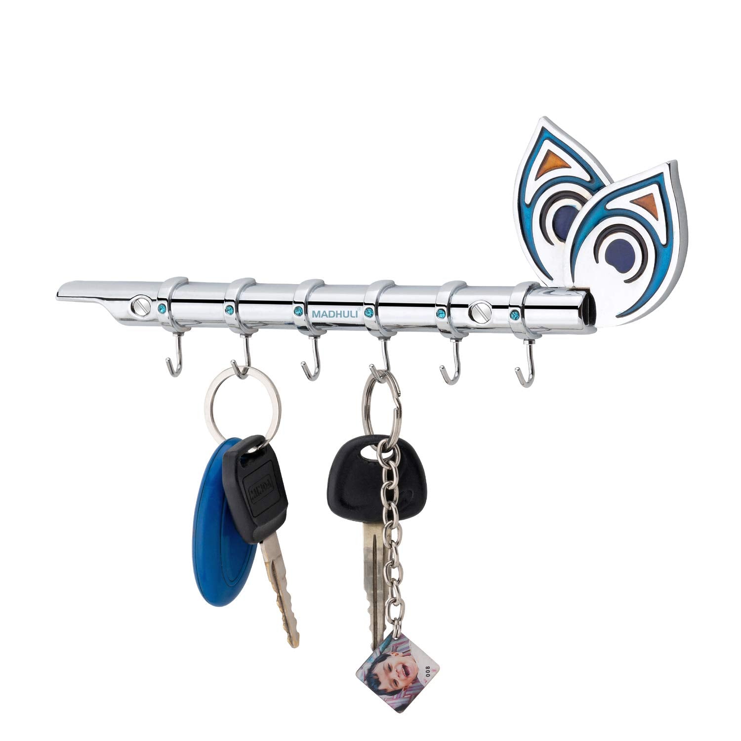 MADHULI Krishnas Flute & Peacock Quills Key Stand, Key Holder, 6 Pin Key Hanging Hooks, Key Chain Hanging, Wall Mounted Key Hol