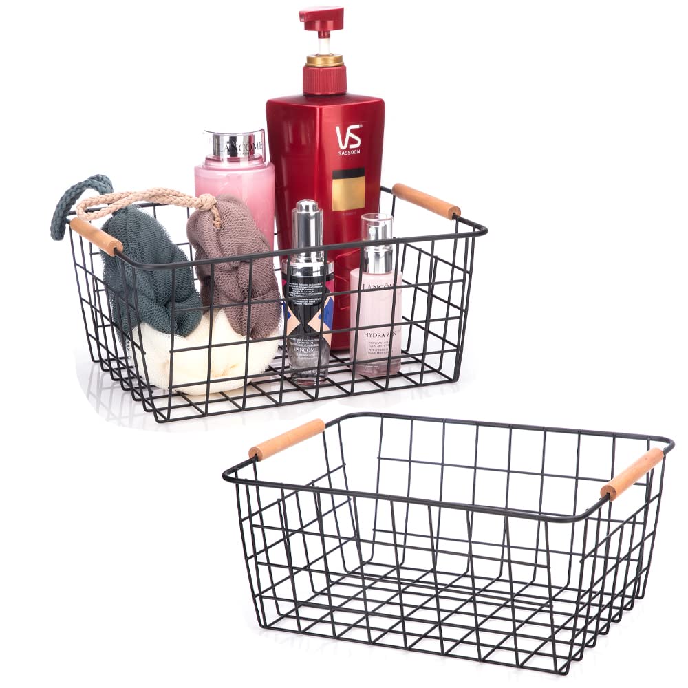 Hdyoudo Metal Wire Food Storage Basket Organizer With Wooden Handles For Organizing Kitchen Cabinets, 2 Packs-Black