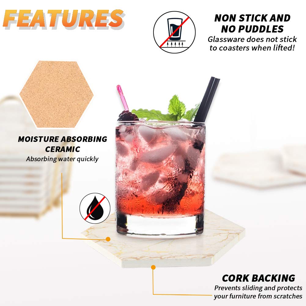 Marble Coasters For Drinks Absorbent With Cork Base, 8Pcs Drink Coasters For Wooden Table With Metal Holder, Gold Ceramic Cup Co