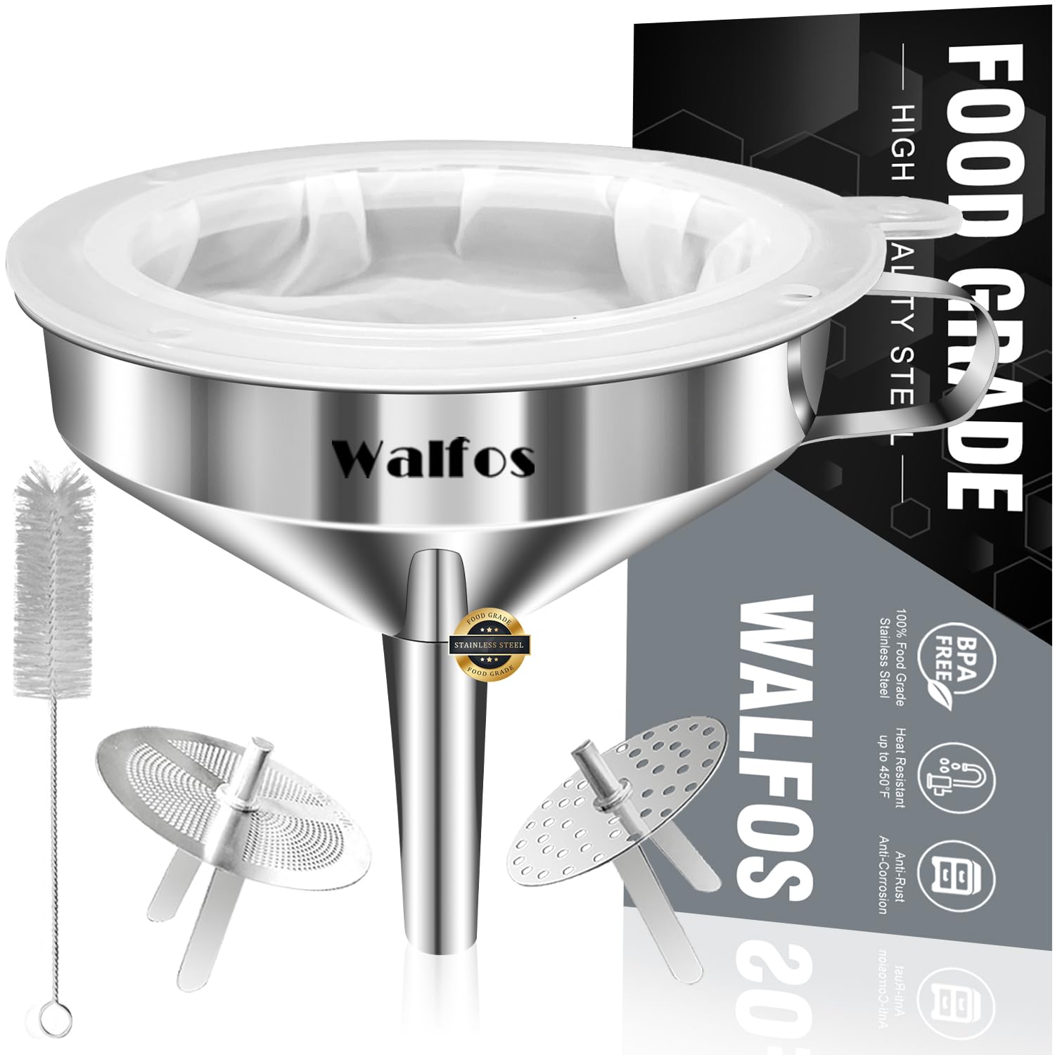 Stainless Steel Funnel, Walfos Kitchen Funnel With 2 Removable Strainer & 1Pc Cleaning Brush, Perfect For Transferring Of Liquid