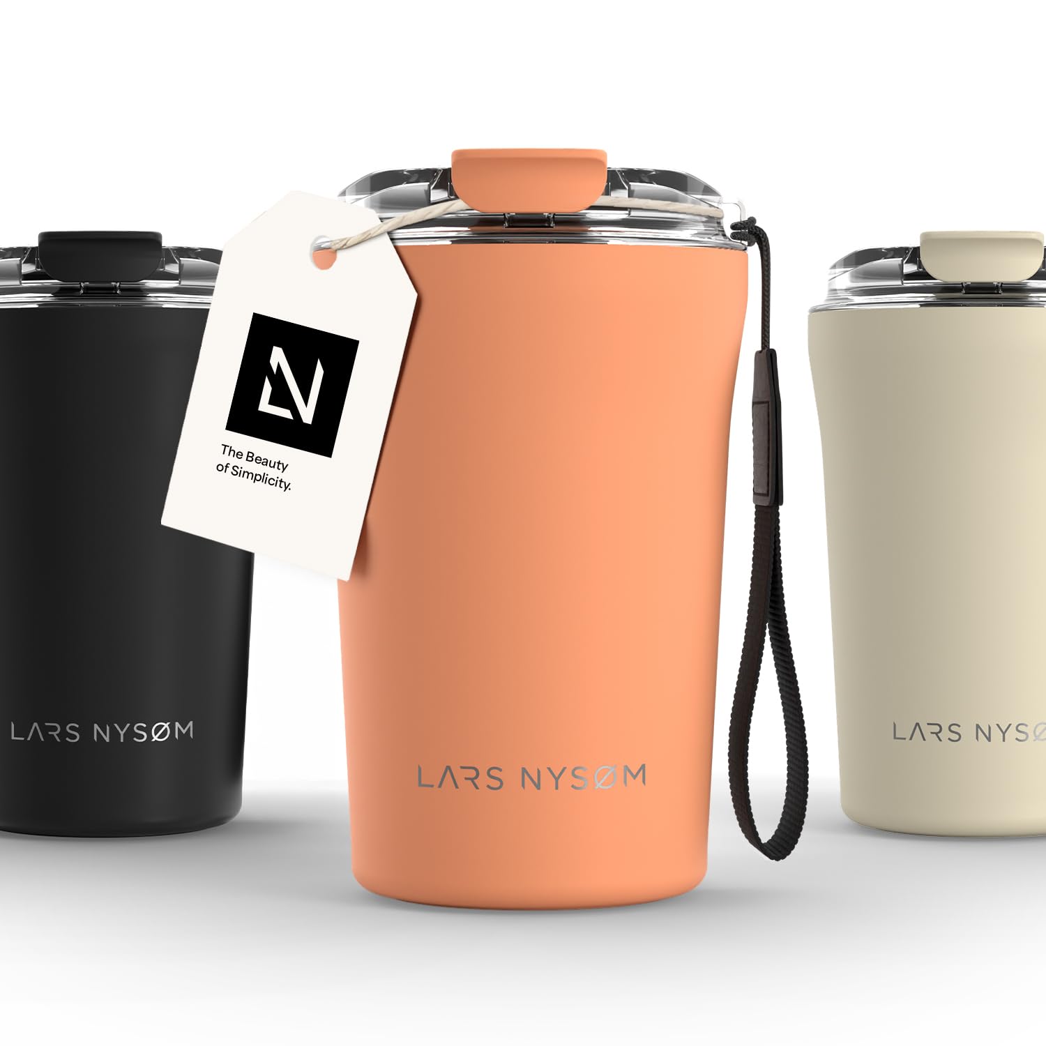 LARS NYSM Thermo Coffee Mug to go with Strap 13oz | Travel Mug 0.38 Liter with Insulation | Leak Proof Stainless Steel Thermal T