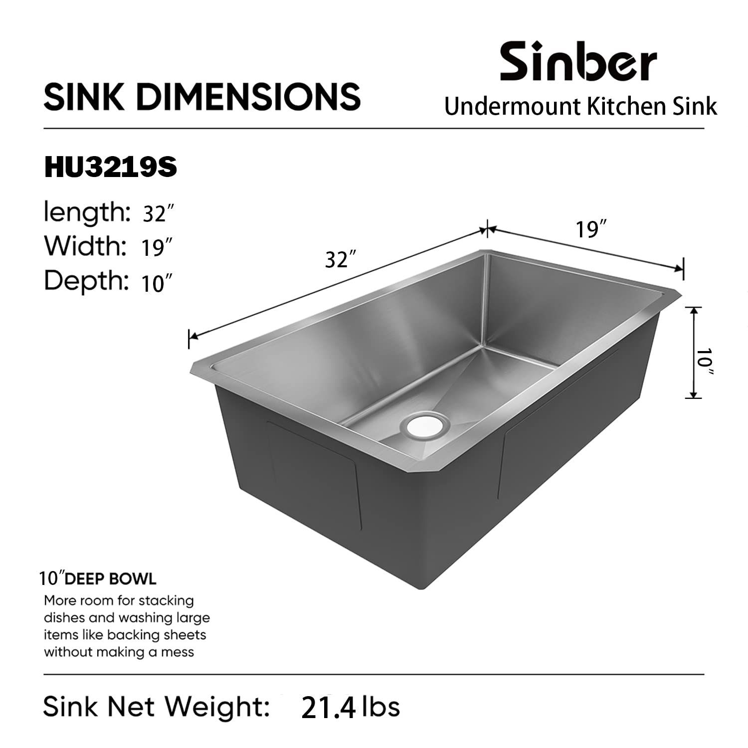 Sinber 32'' X 19'' X 10'' Undermount Single Bowl Kitchen Sink With 16 Gauge 304 Stainless Steel Satin Finish Hu3219S-16G (Sink O
