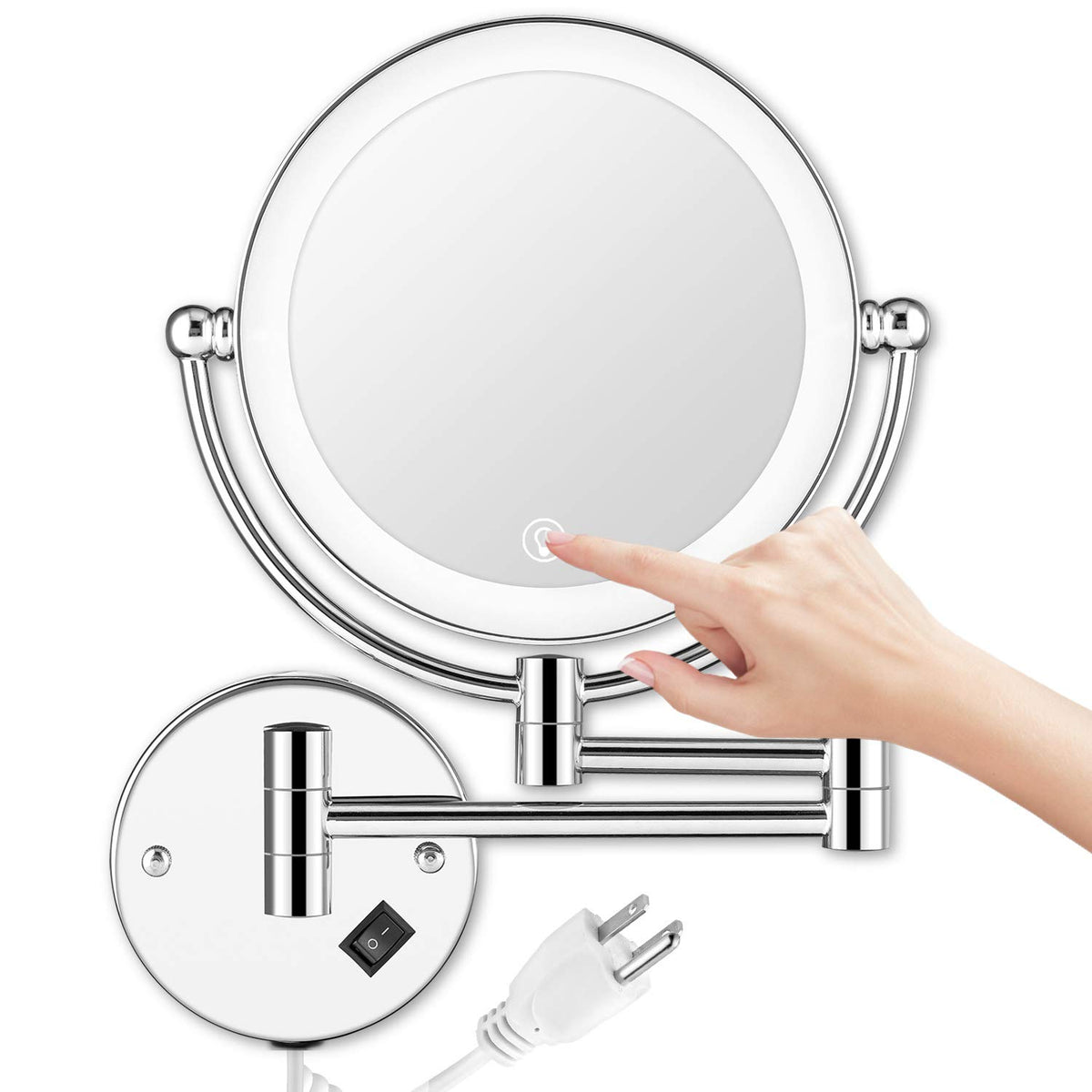 Amznevo Wall Mounted Lighted Makeup Mirror, 8 Inch Double-Sided 1X 5X Magnifying Mirror For Bathroom, 11'' Extendable Arm, 360 S