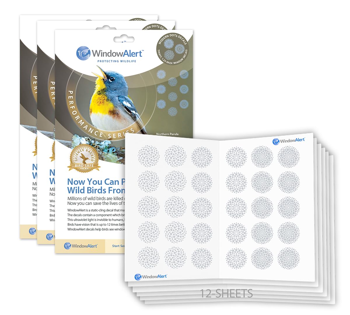 WindowAlert Performance Series Modern Dots Anti-Collision Decal 12 Pack - UV-Reflective Window Decal to Protect Wild Birds from 