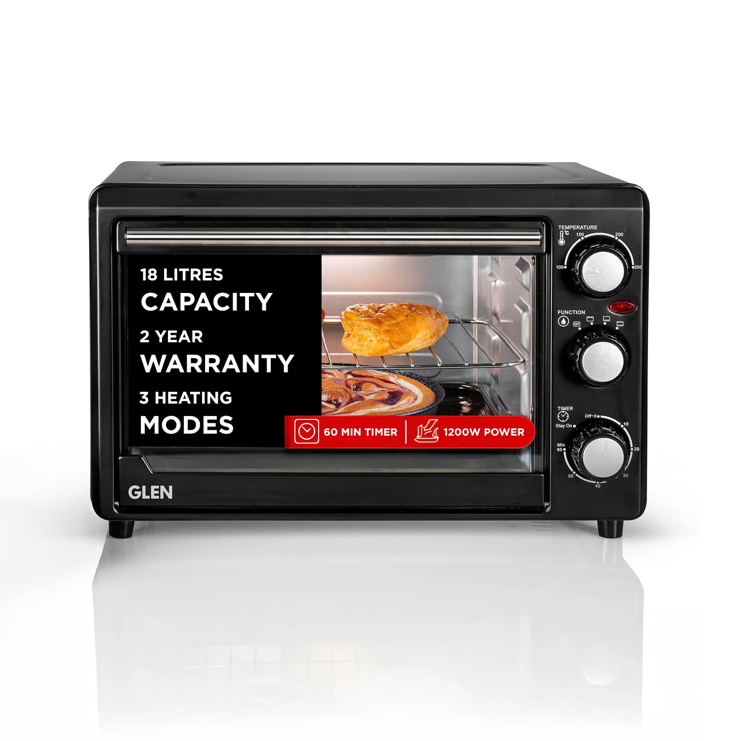 Glen Multi Function Otg For Kitchen, 18 Litre, 1200W, Oven Toaster Griller With 3 Heating Modes, Adjustable Temperature & Timer,
