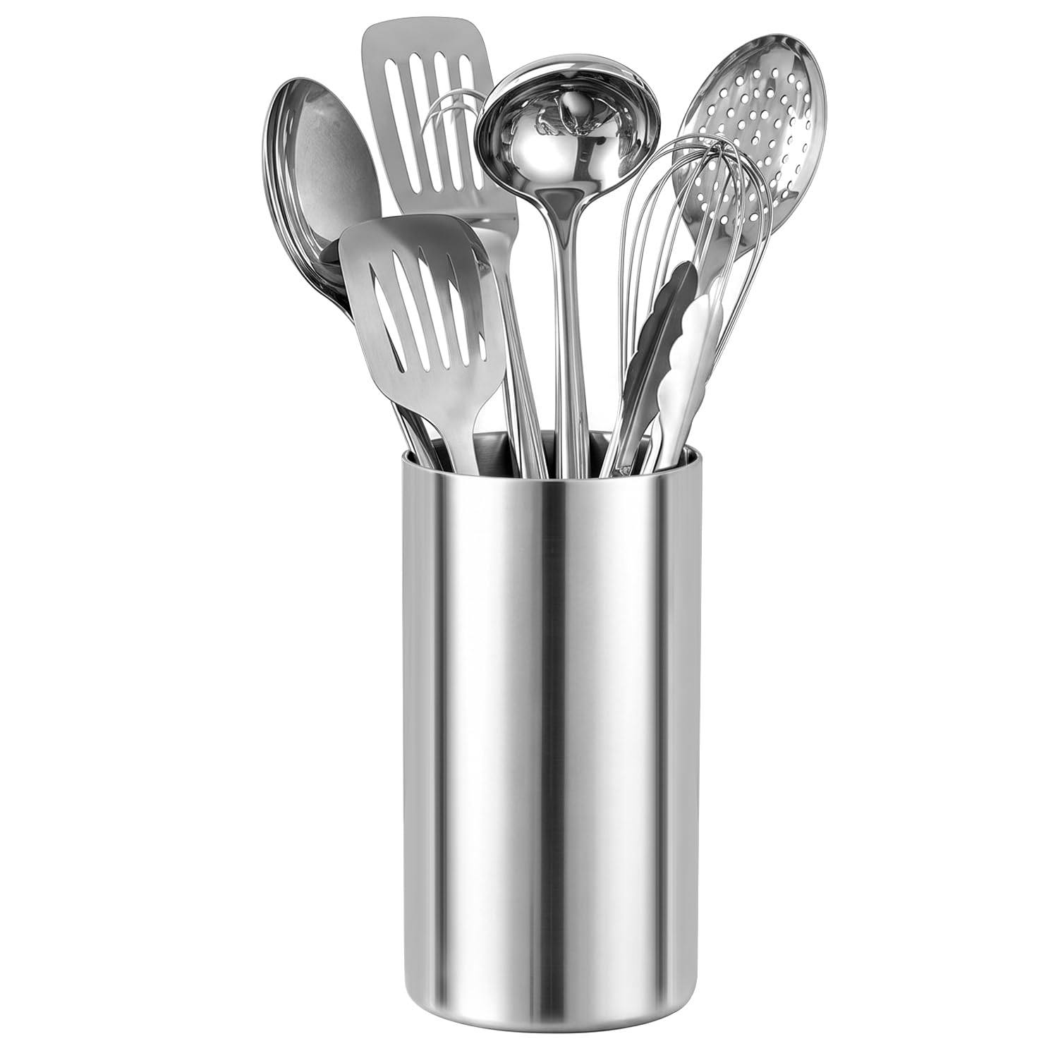 QWORK Double Wall Utensil Holder, 304 Stainless Steel Kitchen Utensil Crock 4.7 W x 7.5 H, OnePiece Seamless Countertop Utens