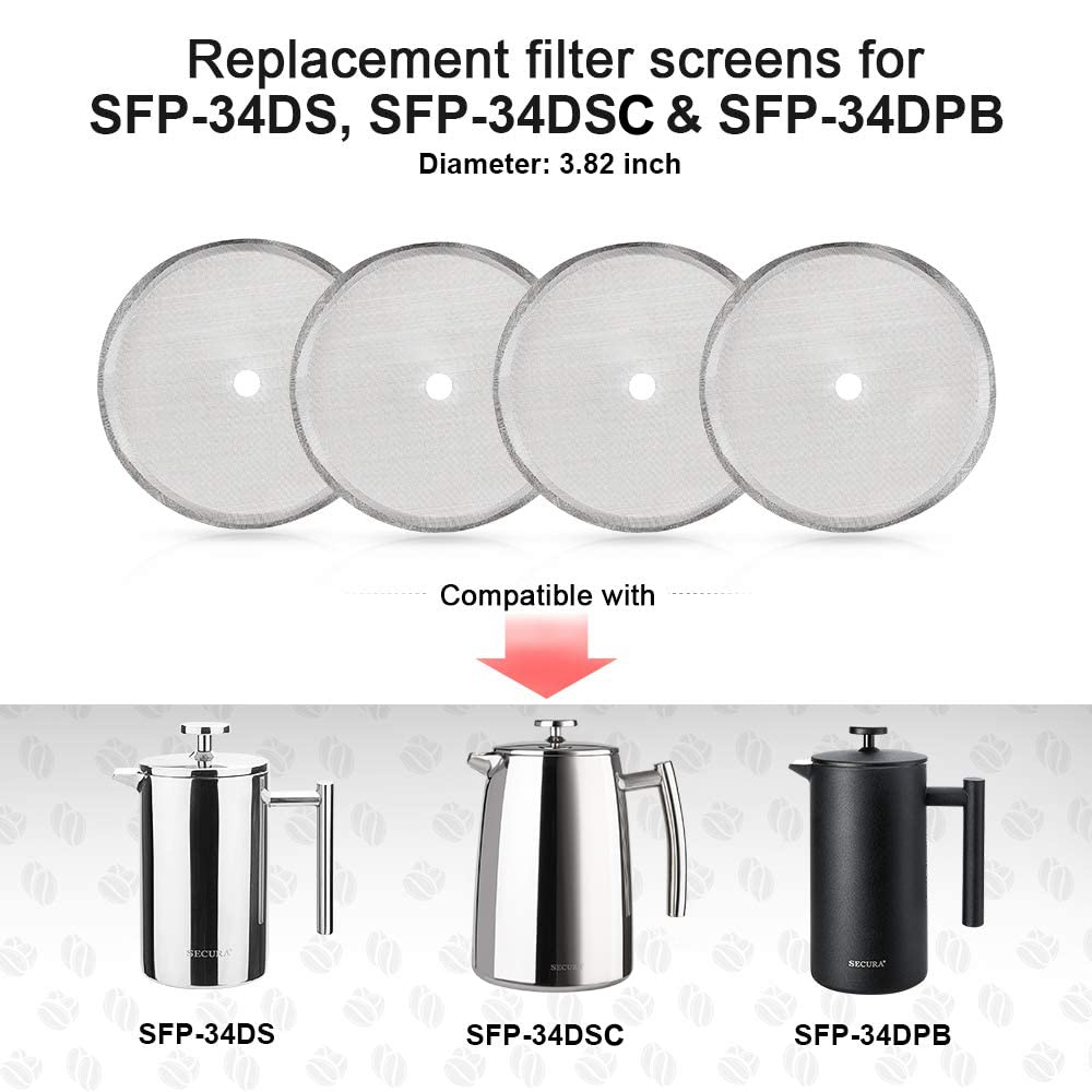 Secura French Press Replacement Screens - Stainless Steel Mesh Filter, 34 oz, 4 Pack, Model FP-filter-4pk