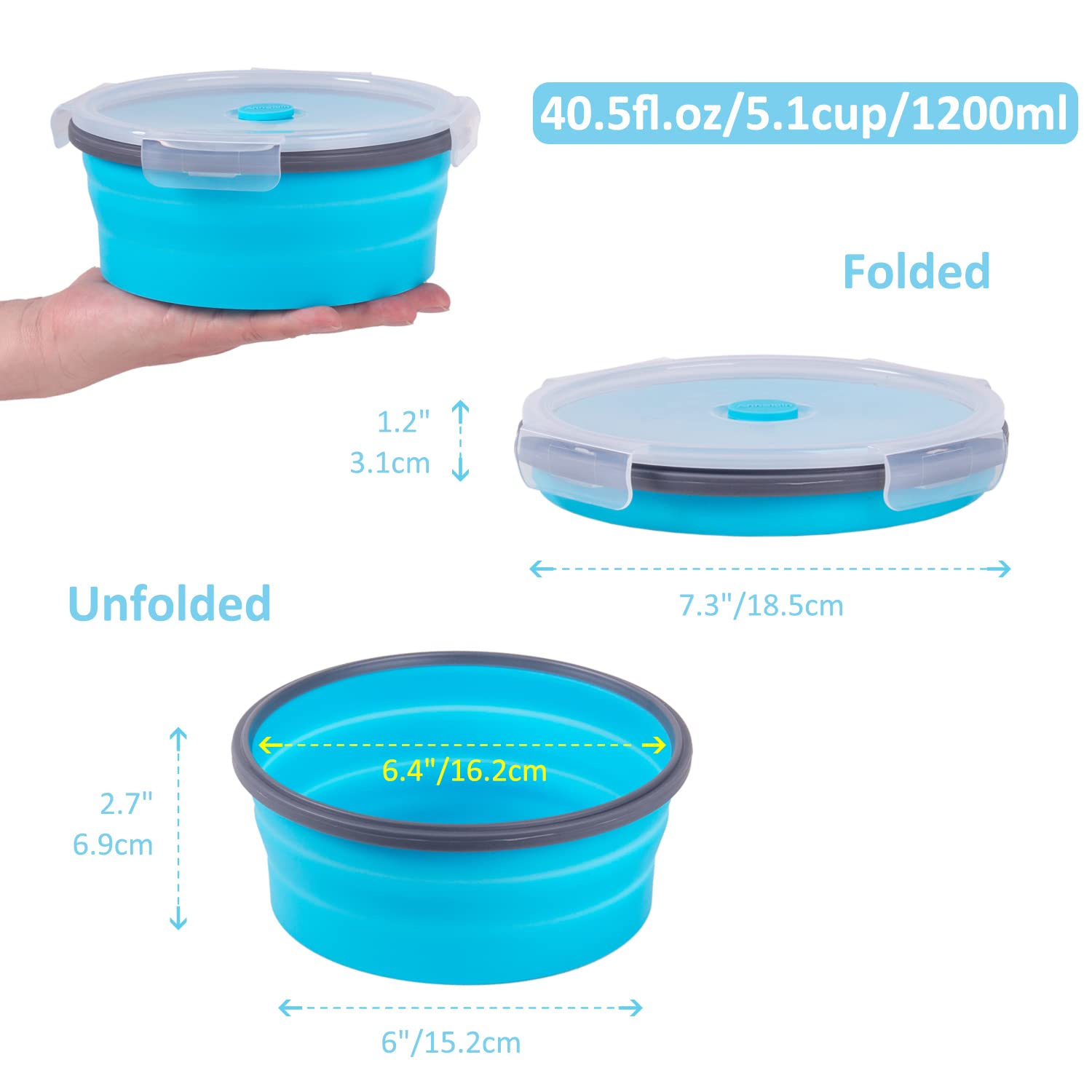 Collapsible Food Storage Containers With Airtight Lid & Vent, 40.5 Oz, Kitchen Stacking Silicone Collapsible Meal Container Set